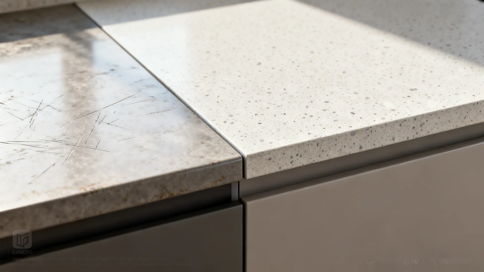 Before-and-after view showing a new performance laminate countertop with a crisp square-edge profile.