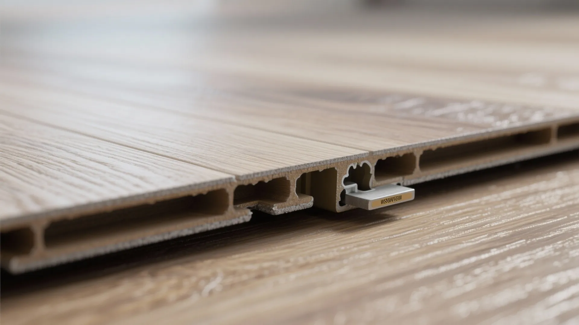 Close up view of wood flooring planks showing the interlocking connection system for easy home installation