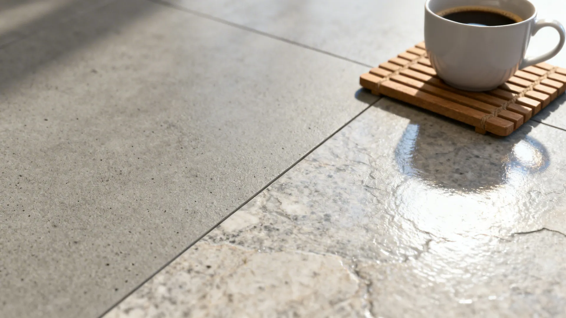 Close-up of high-gloss and matte laminate countertop textures with visible seam and reflections.