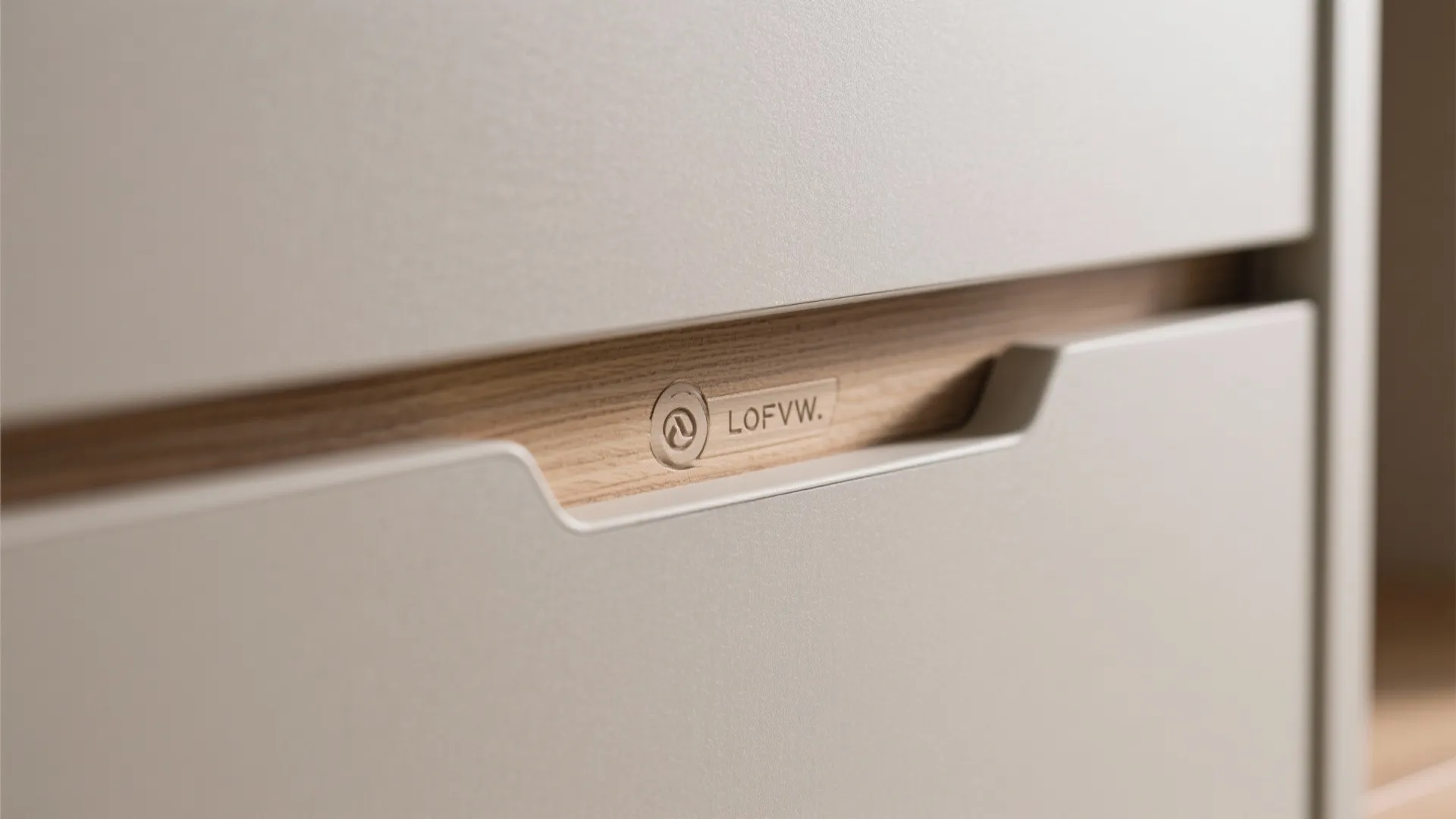 Close up view of modern beige cabinet drawer with wood detail and hidden handle design