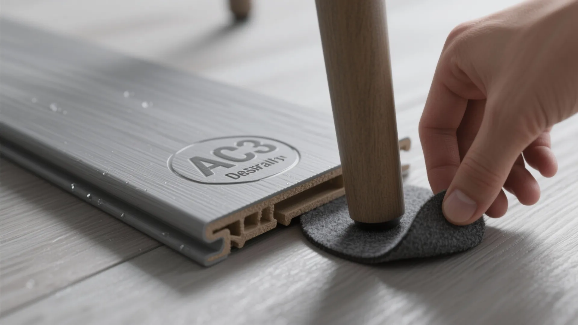Person placing a grey felt pad under a wooden furniture leg on a light grey floor