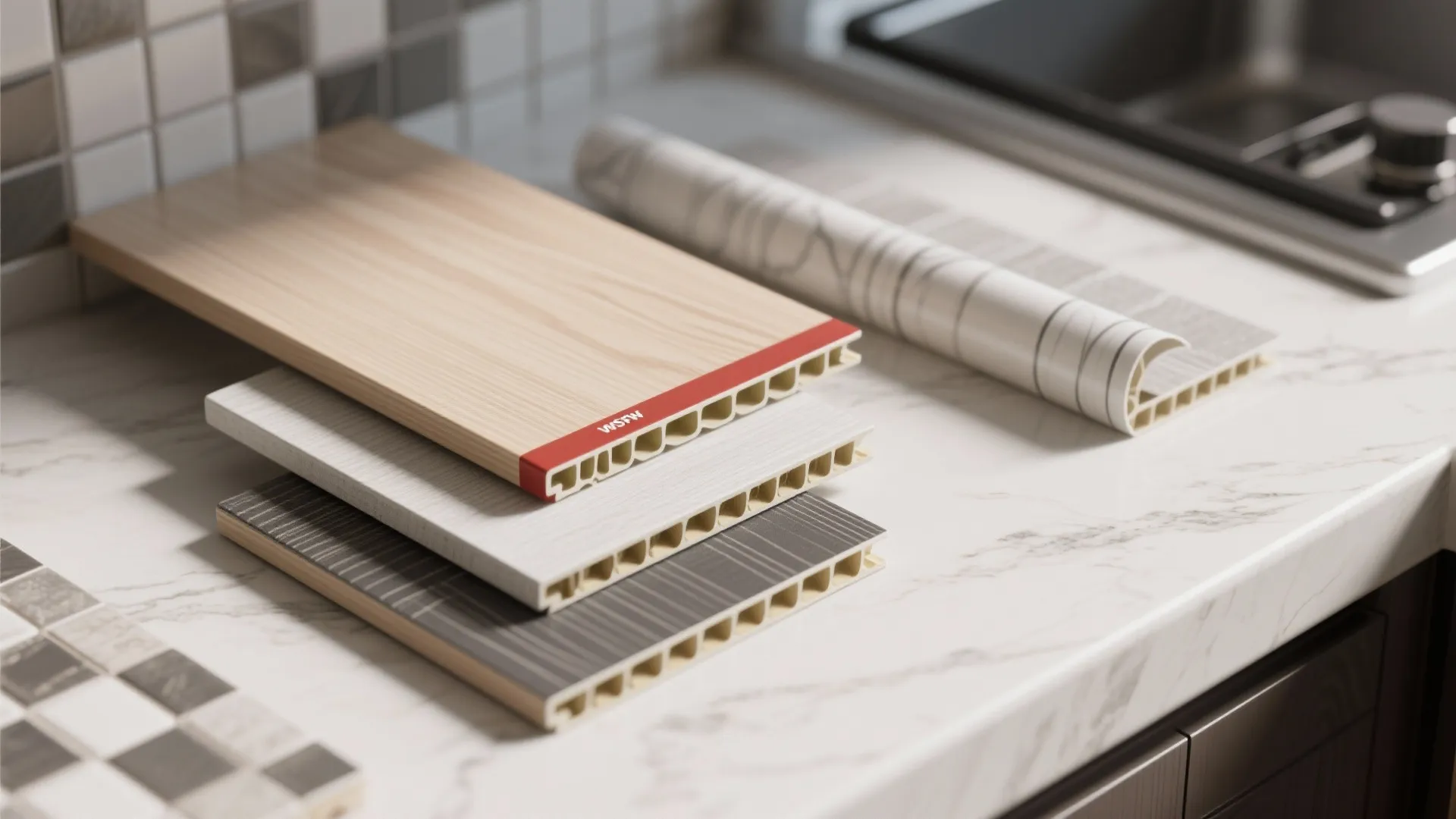 Stacked samples of kitchen cabinet edge banding materials placed on a white marble style countertop
