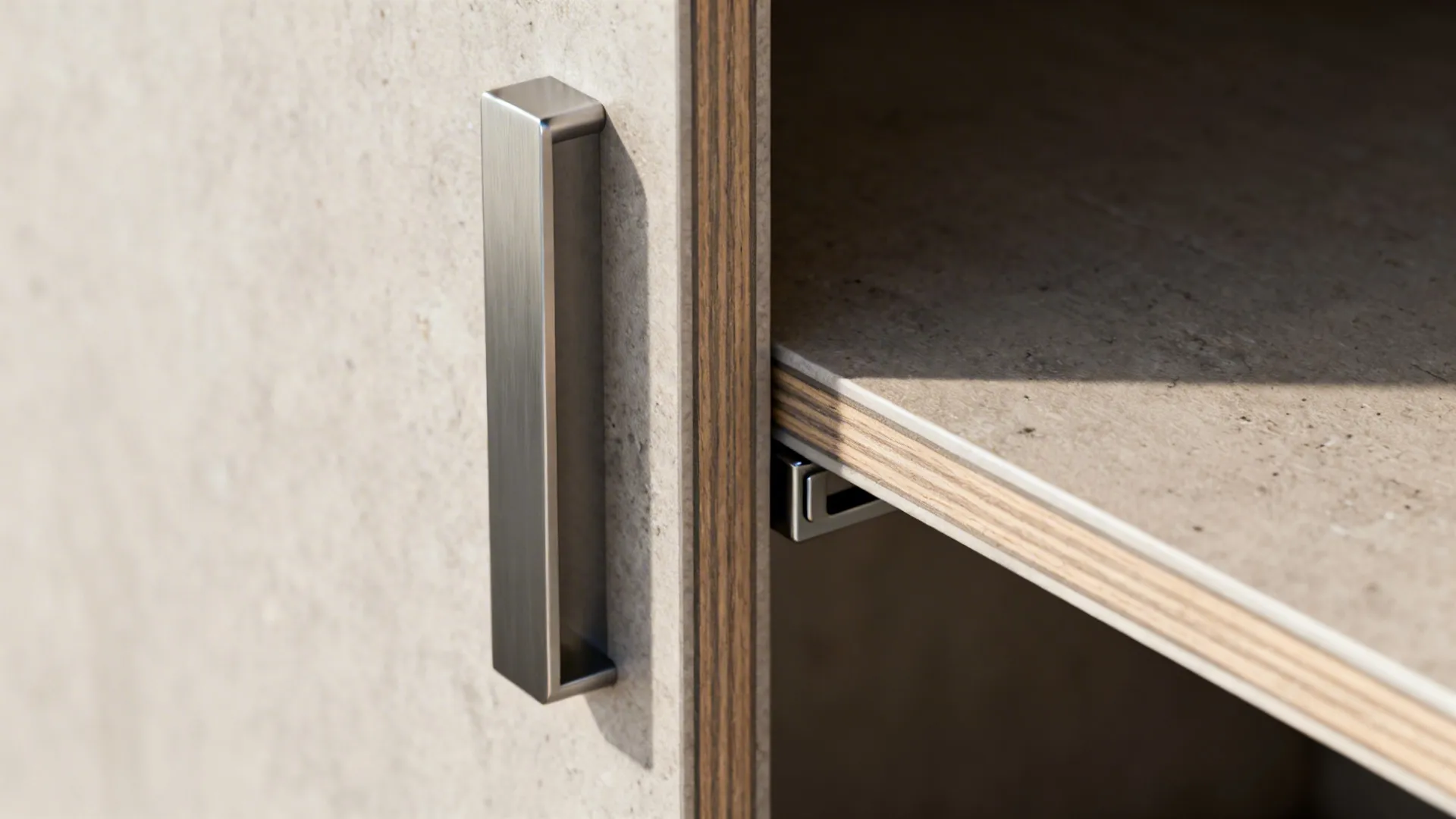 Close up of cabinet door with metal handle showing wood grain edge and laminate surface