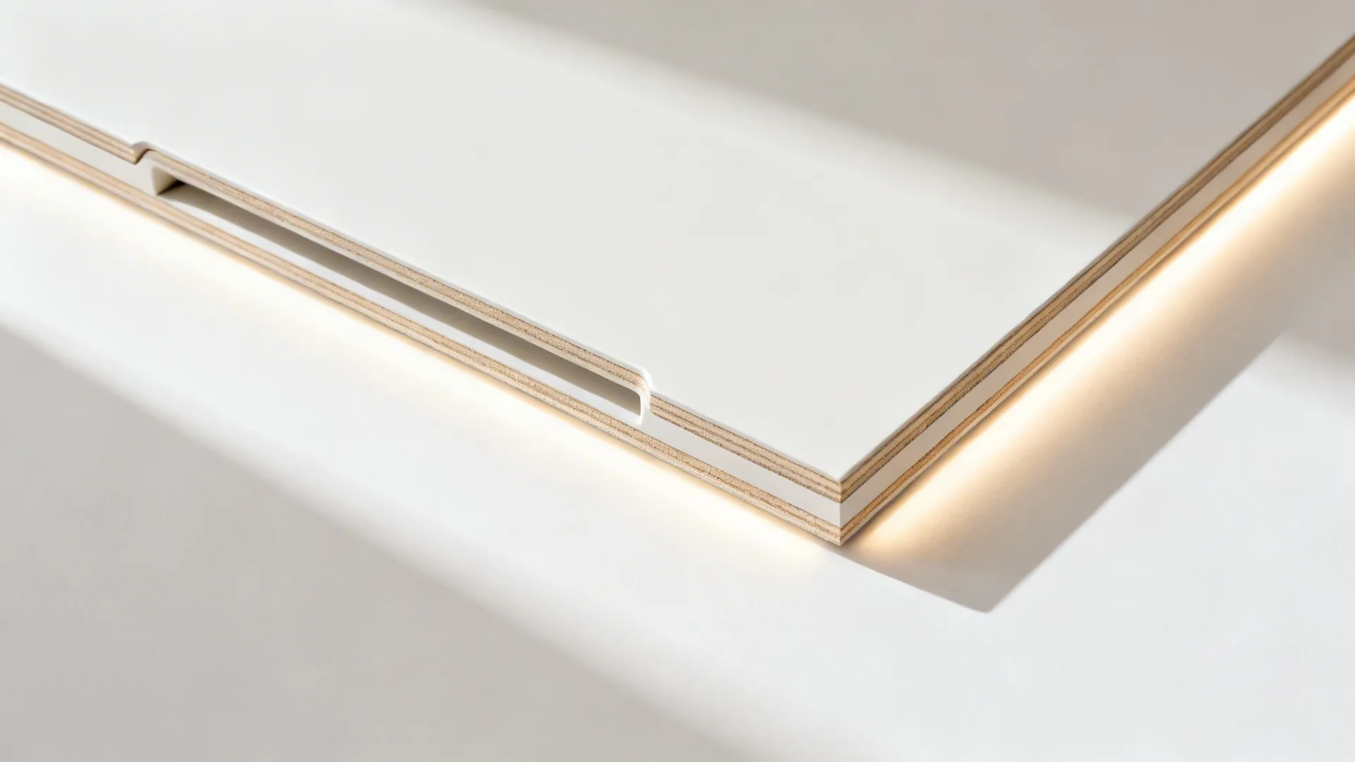 Macro of matte laminate cabinet edge with integrated pull and clean edge banding