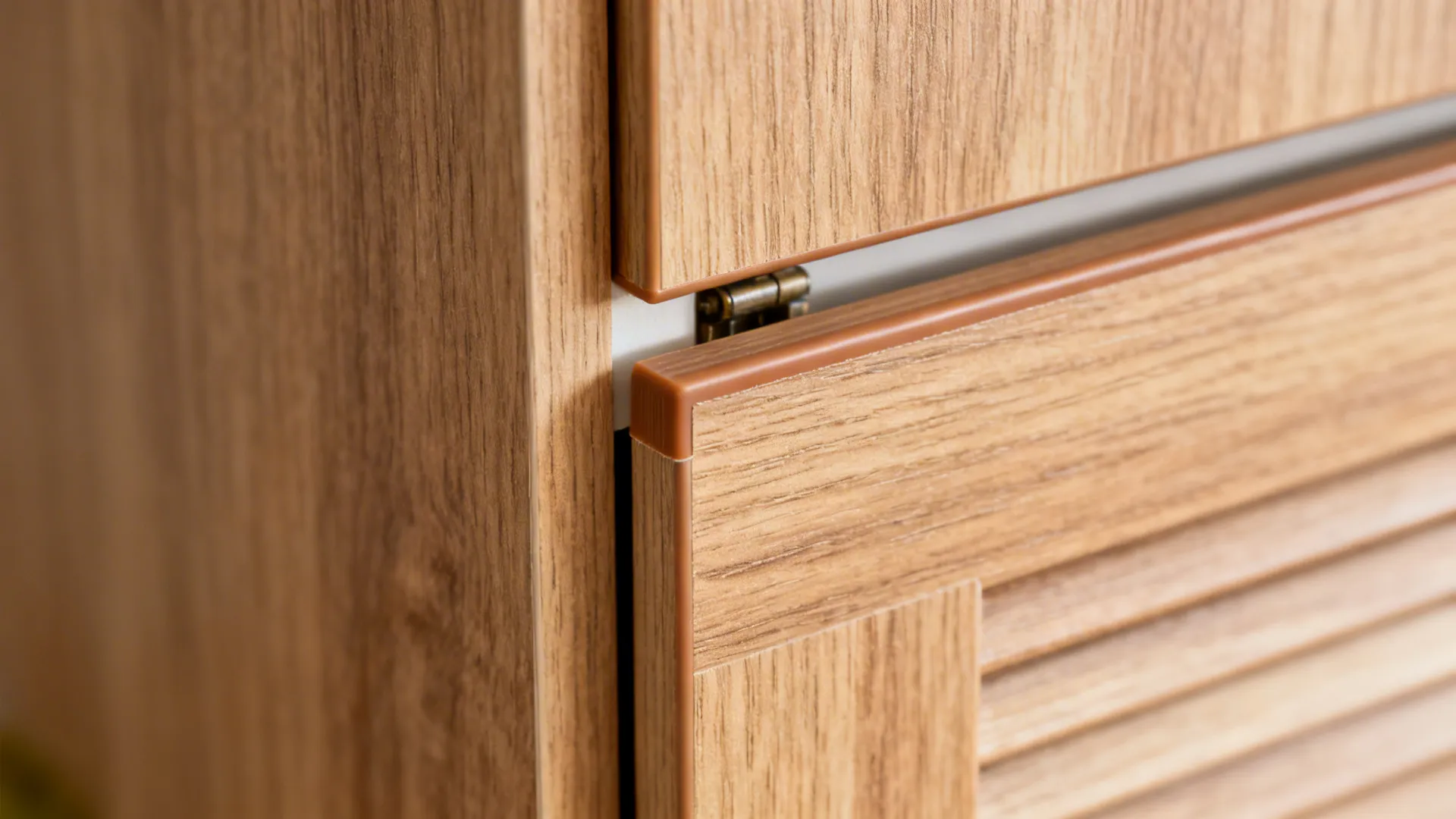 Macro of textured wood-tone laminate with 1 mm PVC edge-banding on a semi modular kitchen shutter.