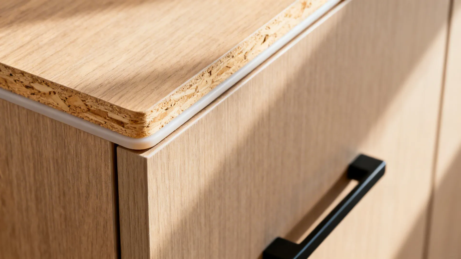 Close up of a wooden cabinet corner showing the detailed wood texture and black metal handle