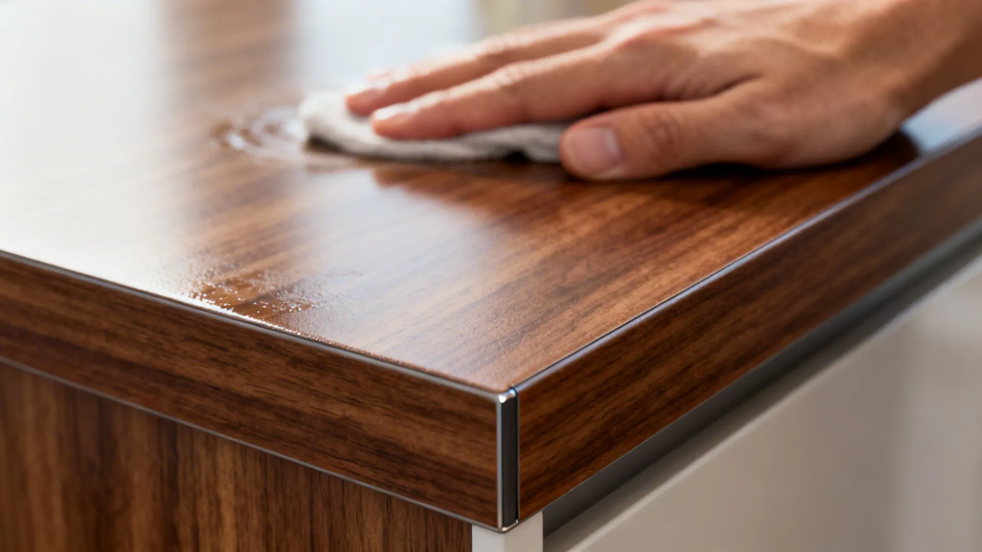 Macro of walnut-look laminate with clean edge banding and smudge-resistant finish.