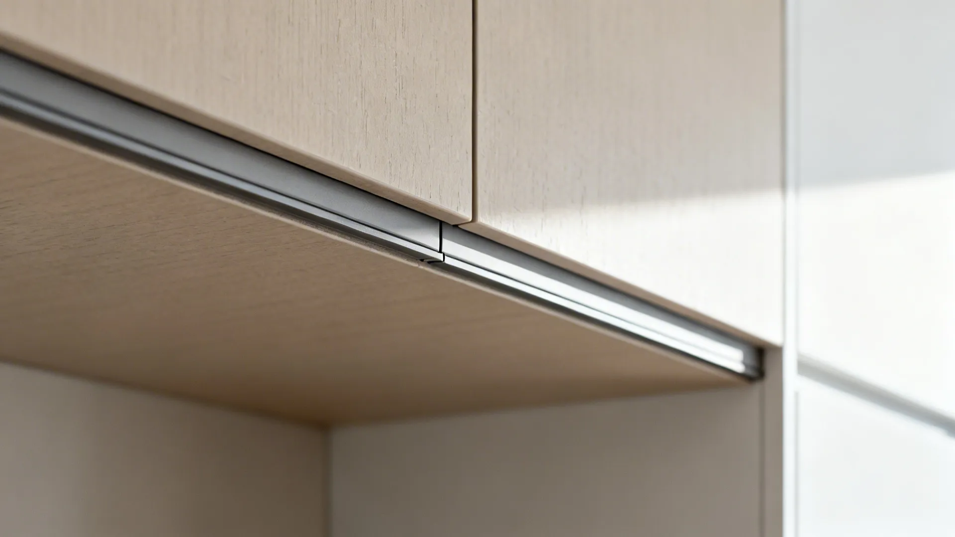 Macro view of matte laminate overhead door with precise edge banding and J-pull channel.