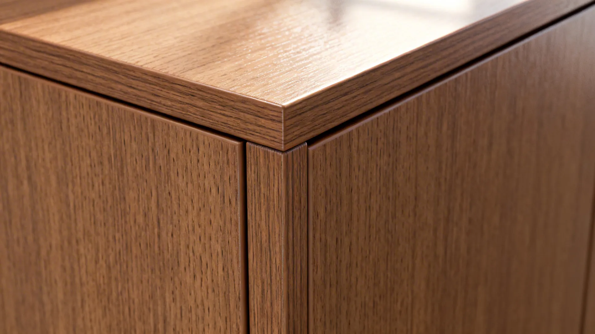 Macro of synchronized pore laminate with clean edge banding on a cabinet front.