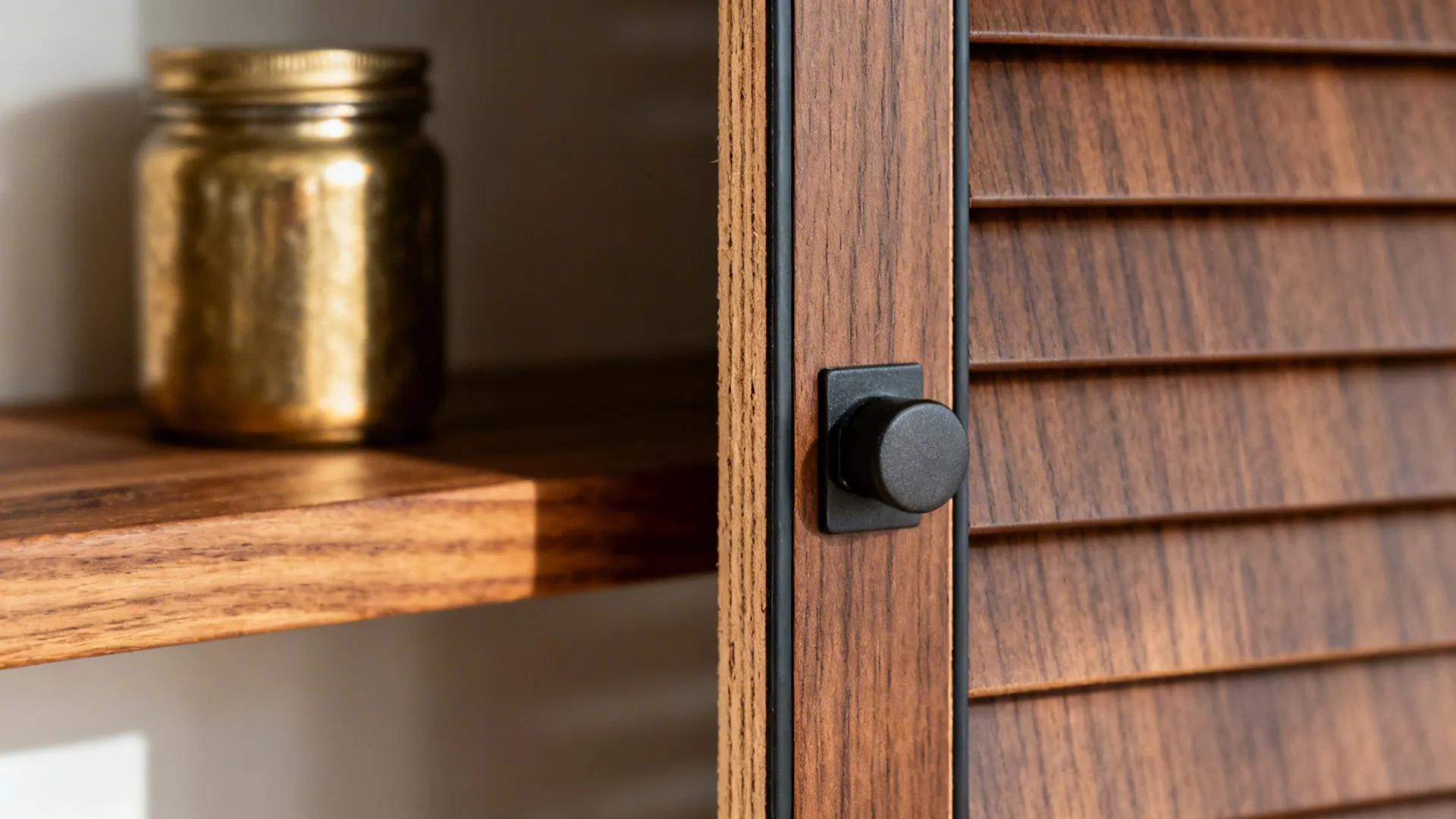 Macro of matte walnut laminate shutter with clean 2 mm edge banding on ply.