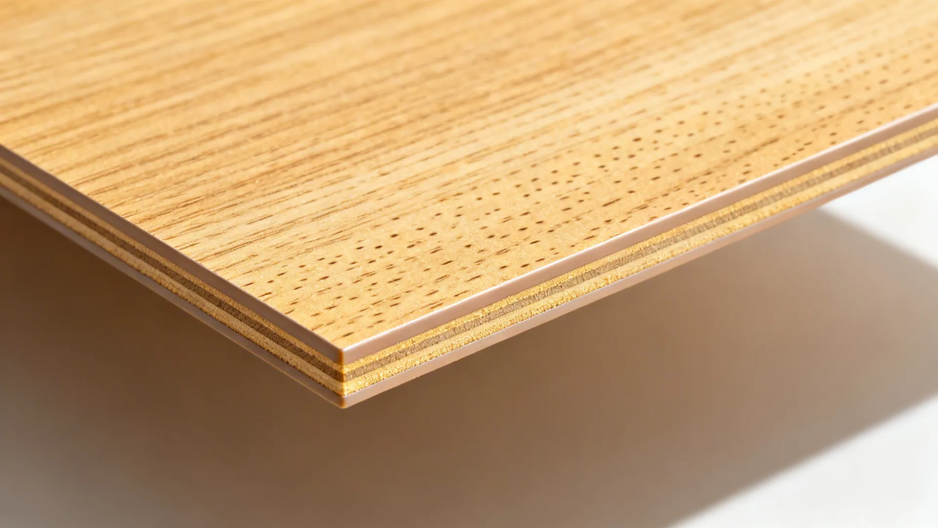Macro of light oak textured laminate showing synchronized pore and ABS edge banding.