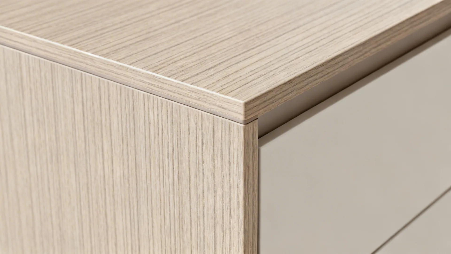 Macro view of wood-look laminate drawer with thick ABS edge-banding.