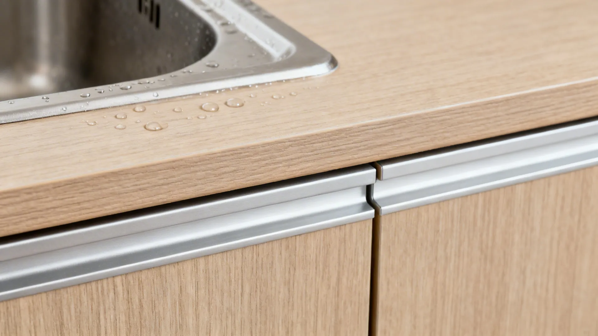 Macro of HPL door with sealed PVC edge and aluminum sink trim resisting moisture.
