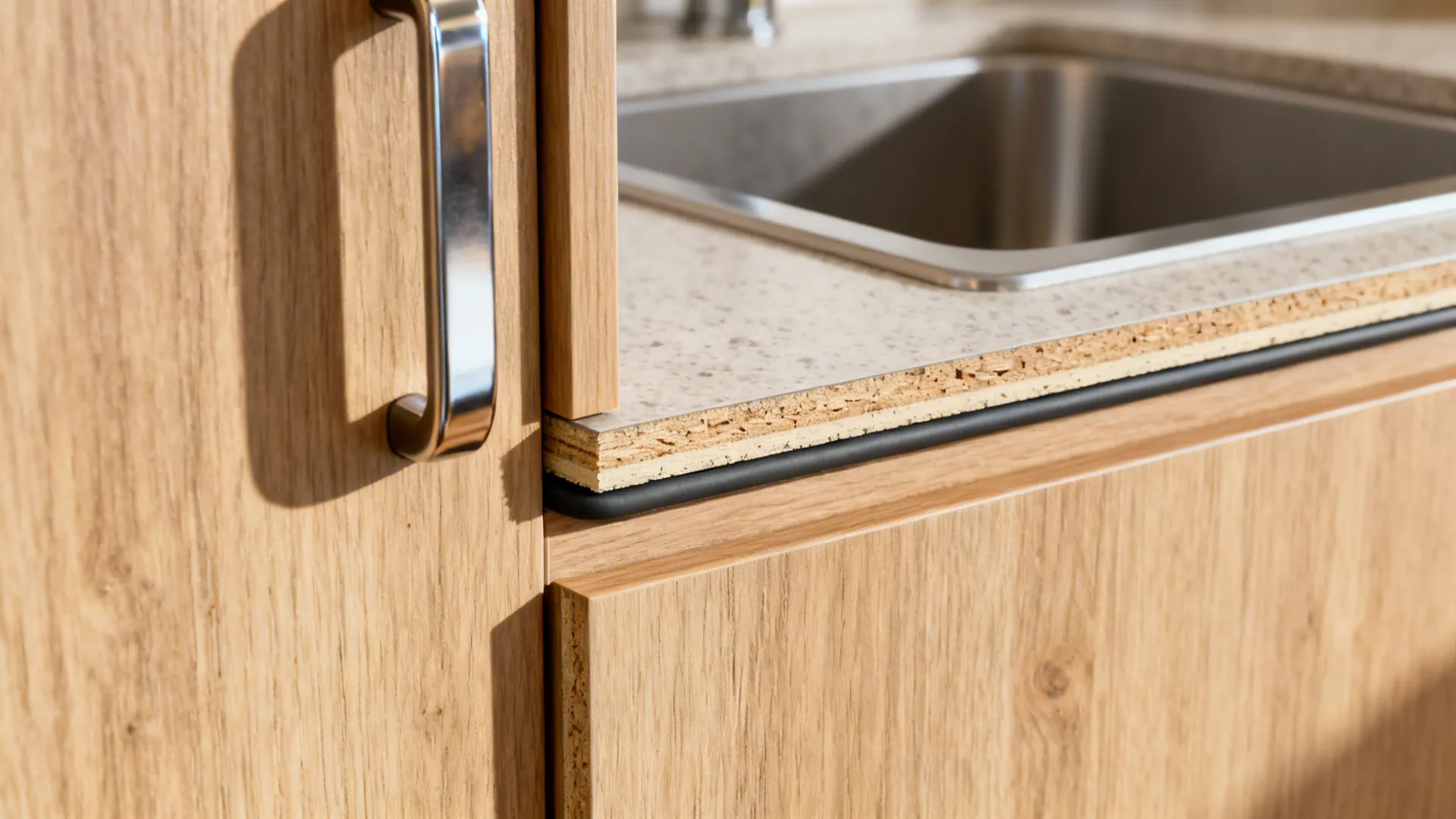Macro of light oak laminate door with crisp edge-banding and sealed sink cutout detail.