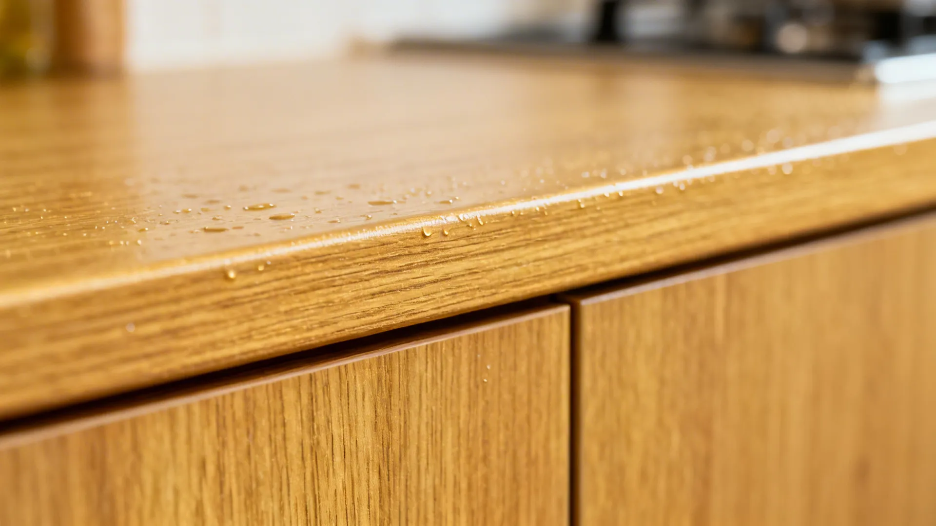 Macro detail of wood-look laminate with clean edge banding suitable for humid kitchens.
