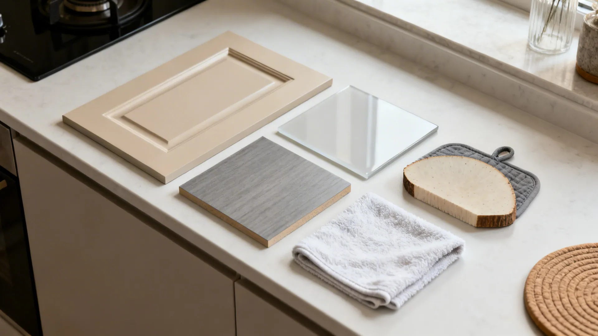 Kitchen material samples including tan cabinet door grey wood sample glass white towel and coaster