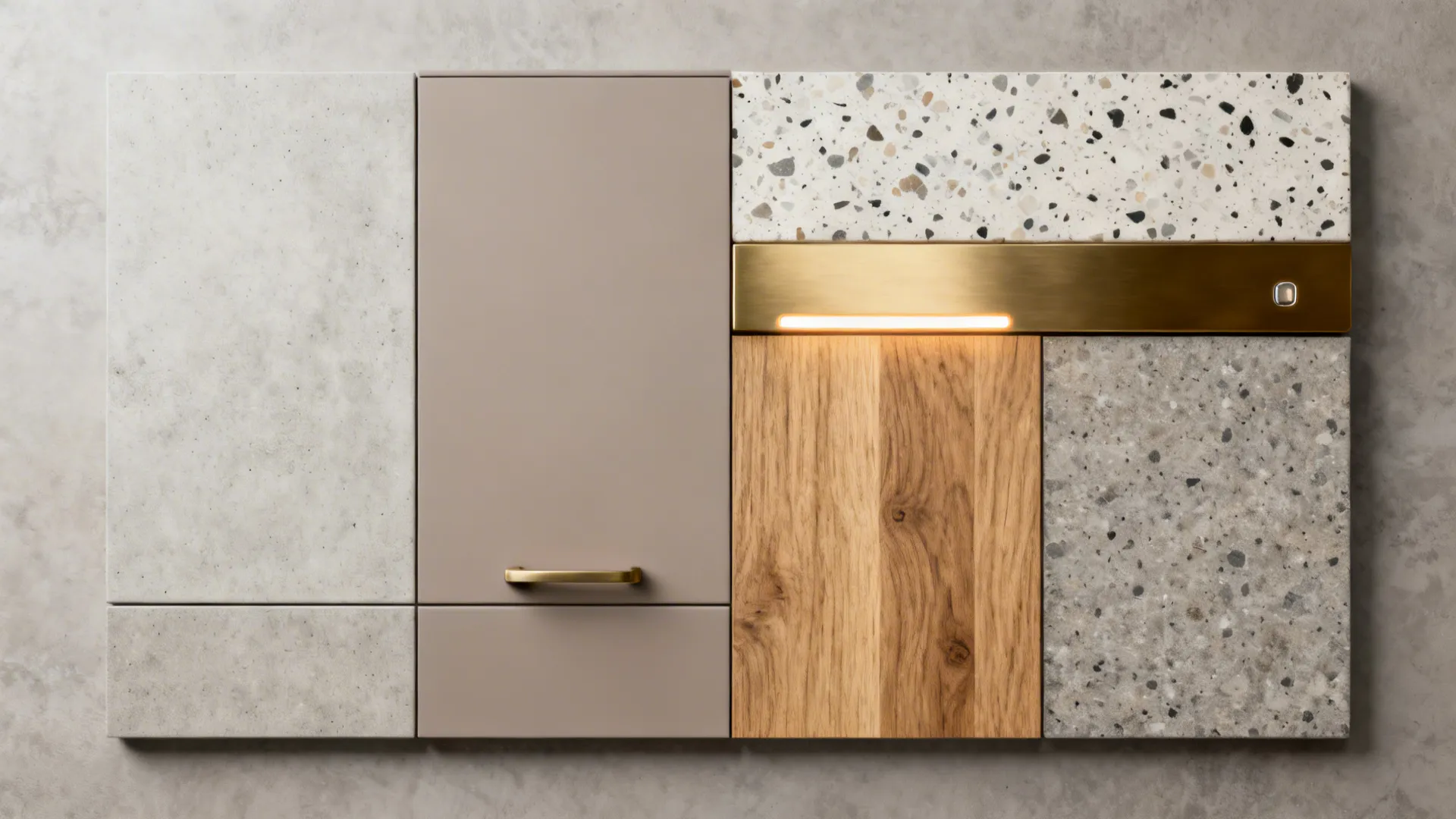 Top-down flatlay of laminate countertop samples, matte cabinet chip, wood grain swatch, and metallic accent strip.