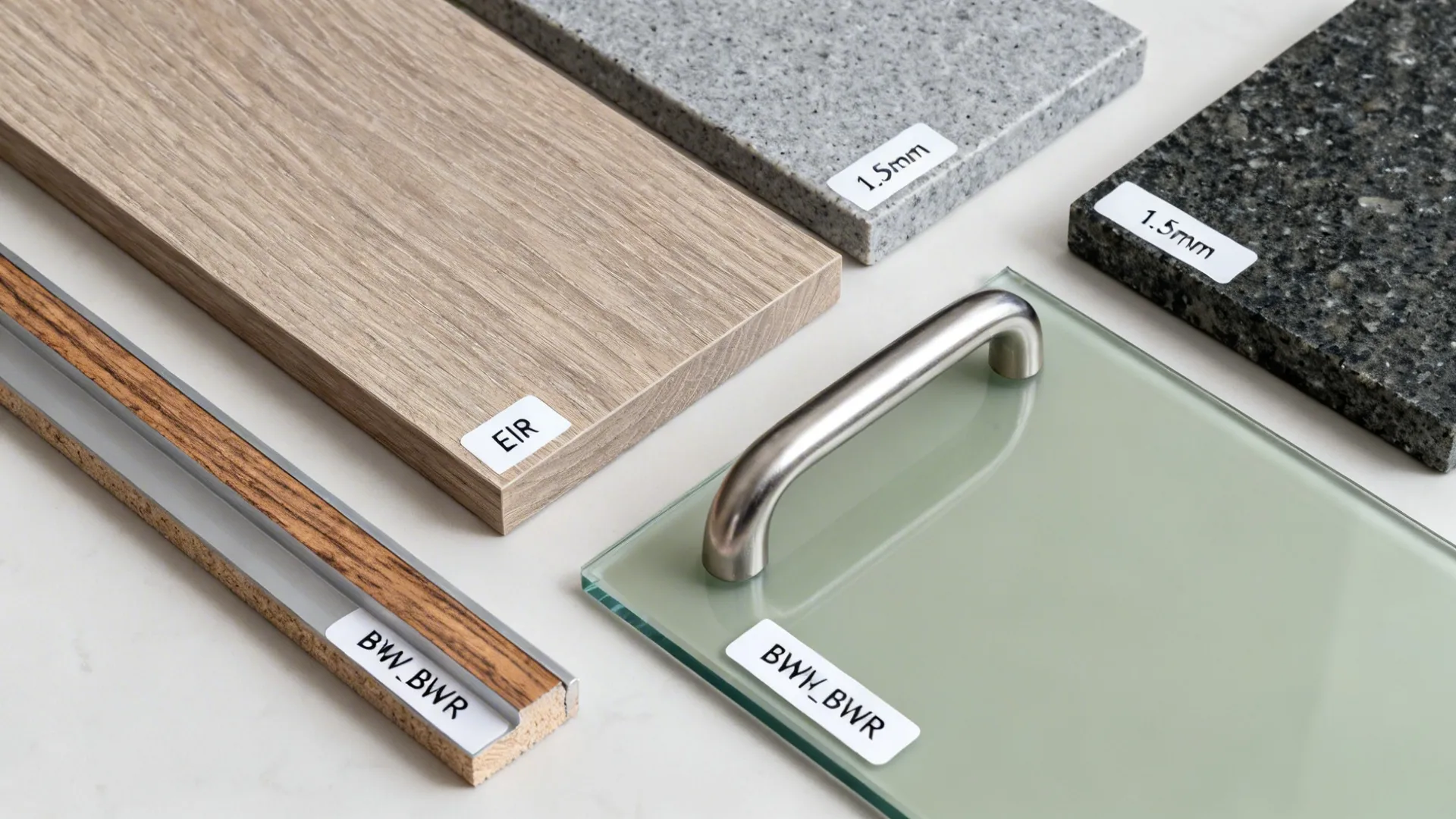 Material samples including wood panels stone pieces green glass and metal handle on white surface