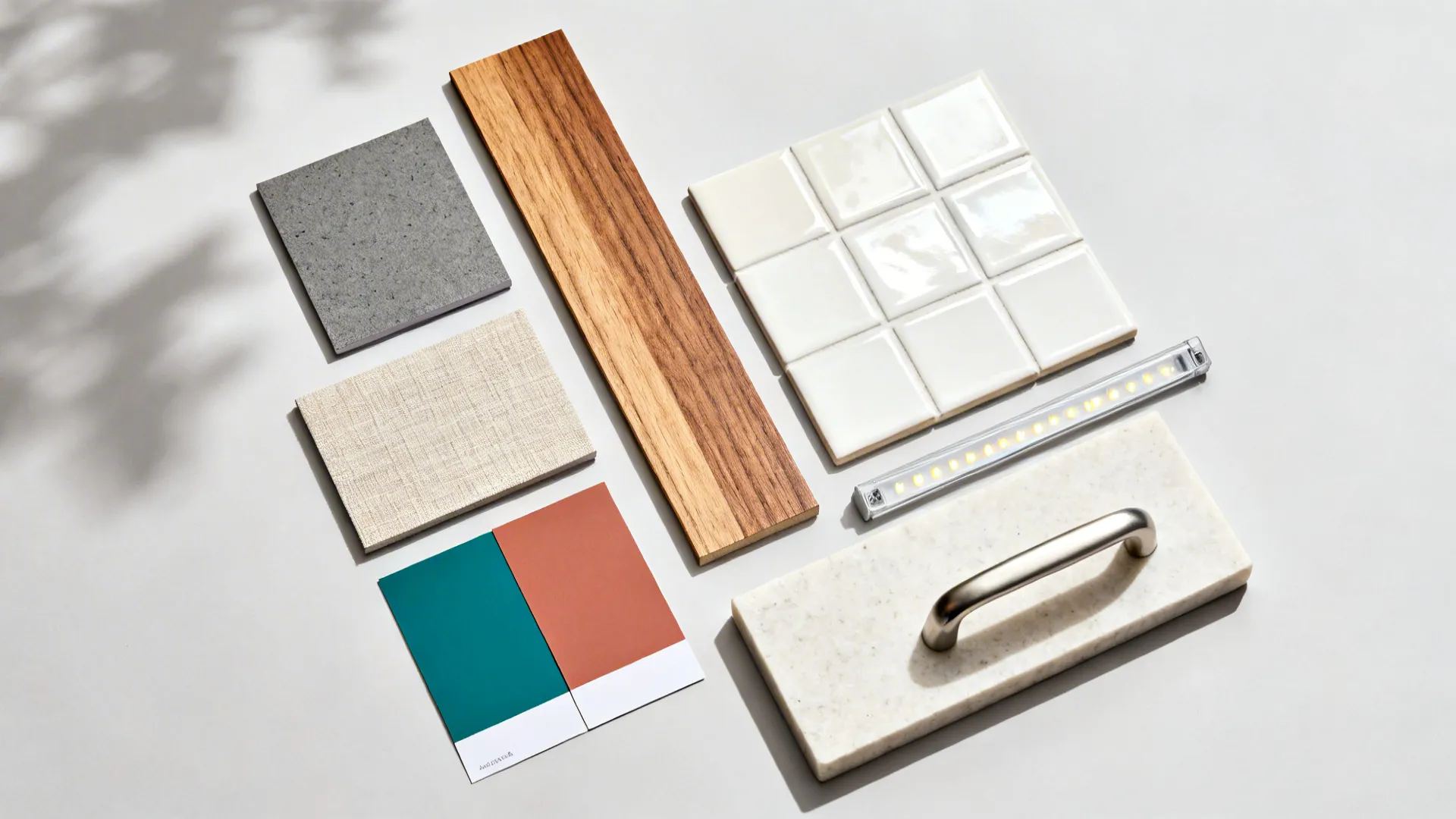 Flat lay of interior design samples featuring wood, white tiles, stone, and small light fixture