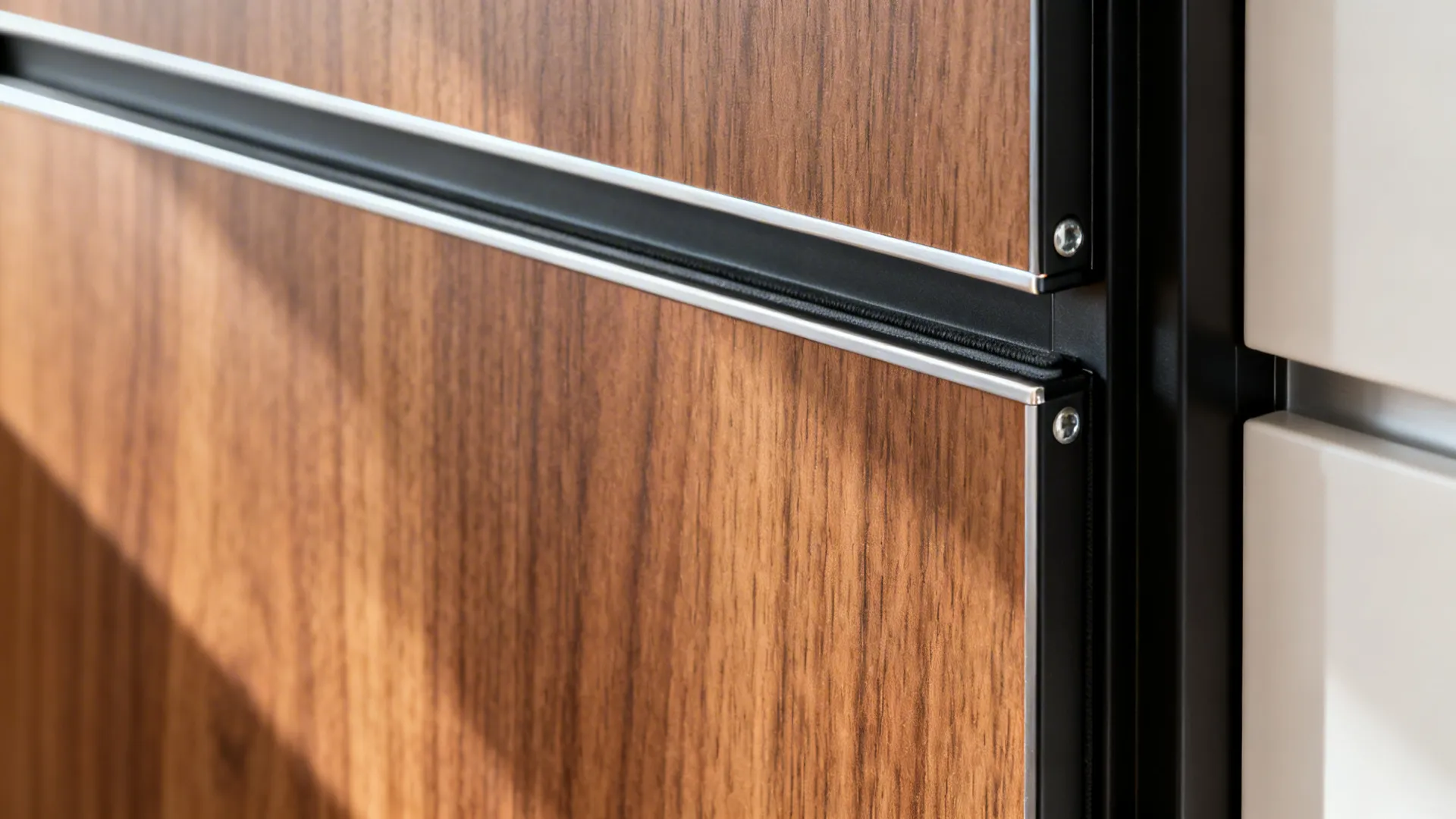 Close-up of a slim metal frame door with teak-tone compact laminate panels and clean black finish.