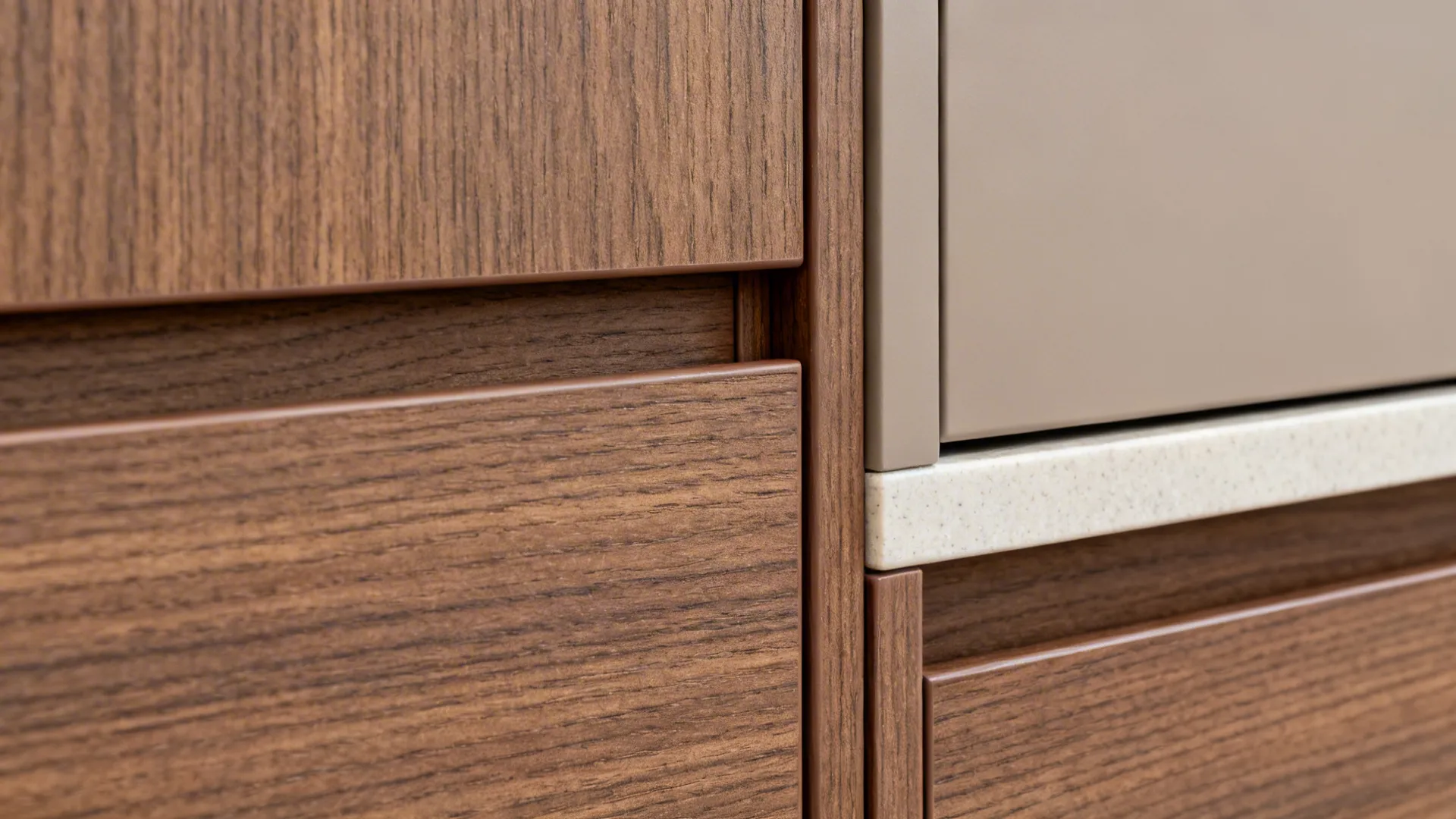Macro of walnut-look laminate grain and edge banding with pale quartz nearby.