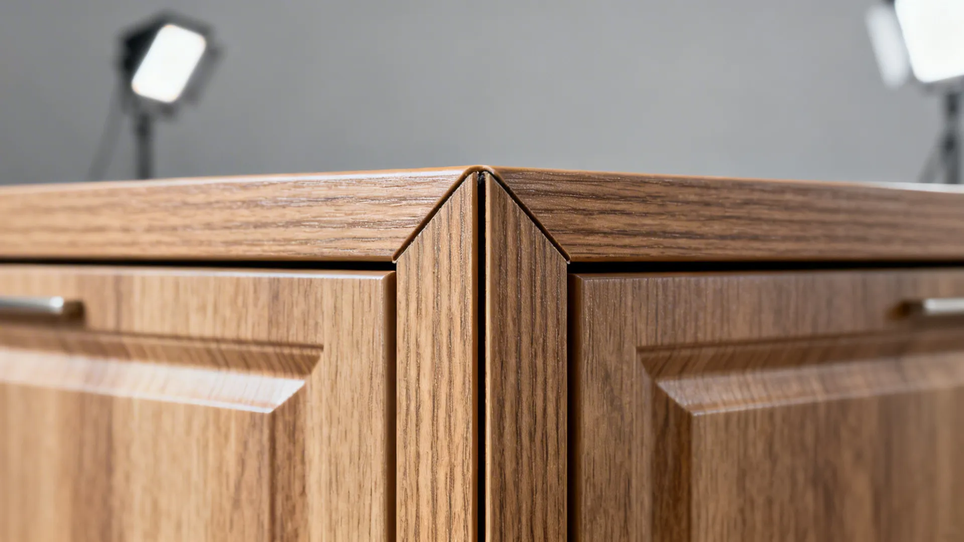 Macro of grain-matched wood-look laminate doors with clean edge banding.