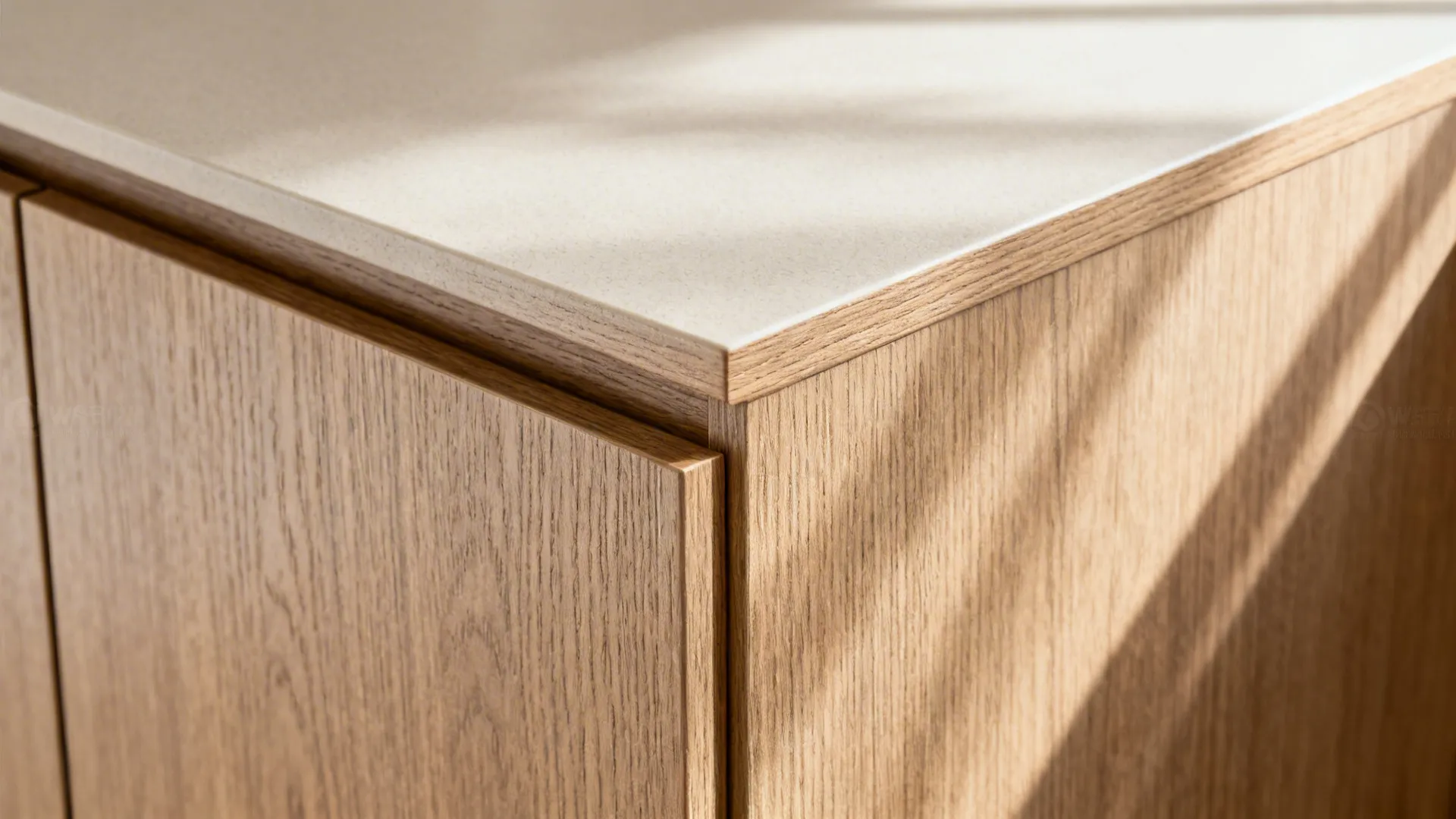 Macro of wood-look laminate grain with precise edge banding beside a matte countertop.