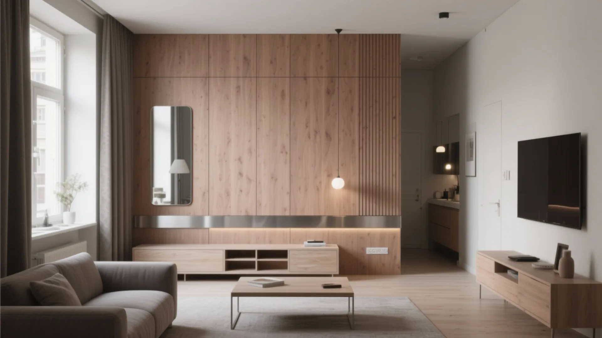 Living room interior design with wood wall panel and grey sofa plus minimalist wooden furniture