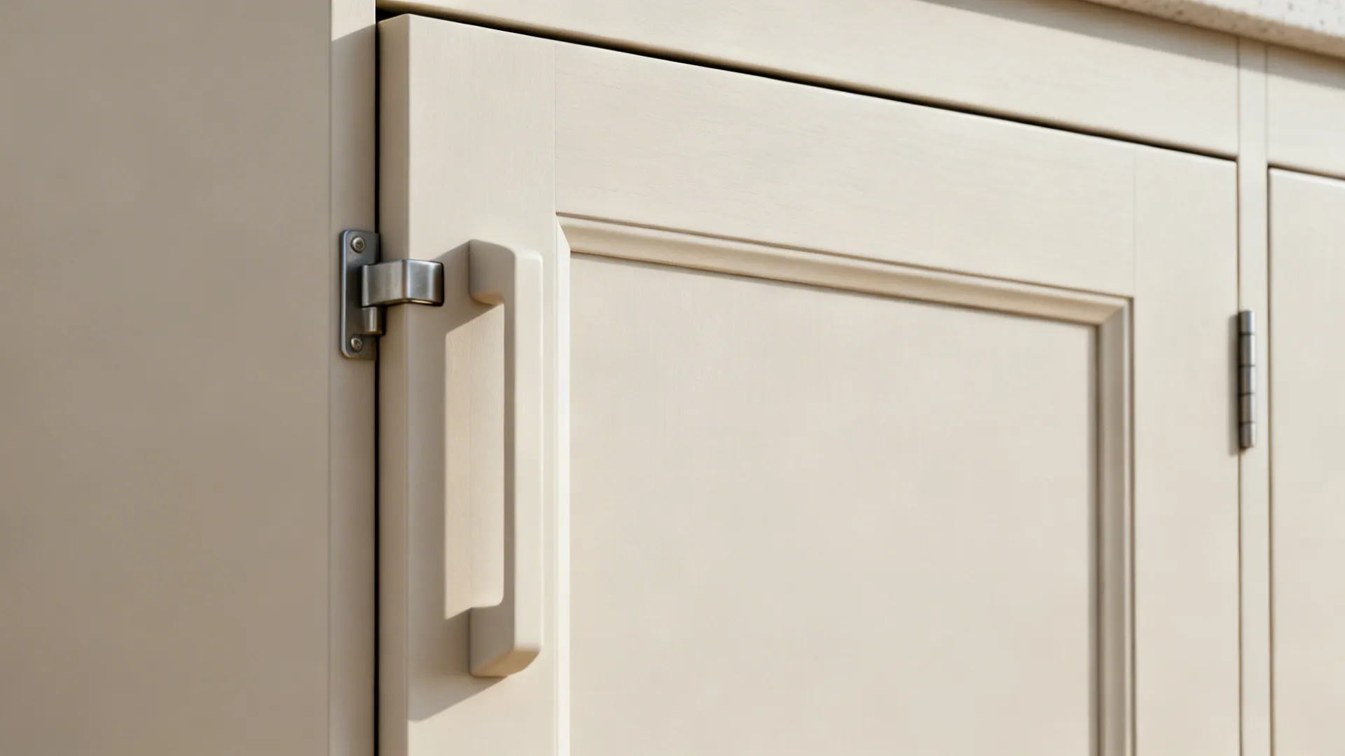 Macro of matte laminate cabinet edge with integrated pull and soft-close hinge.