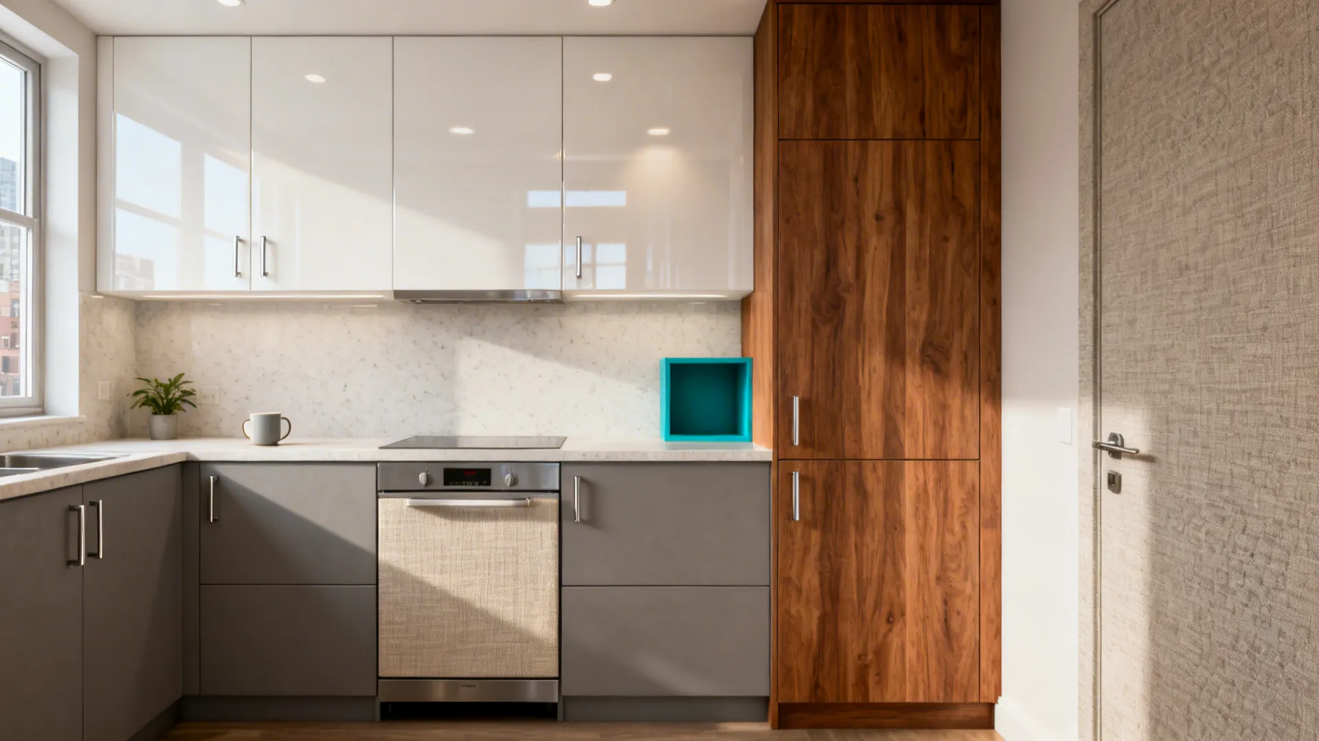 Modern kitchen featuring white upper cabinets gray lower cabinets tall wood pantry and bright light