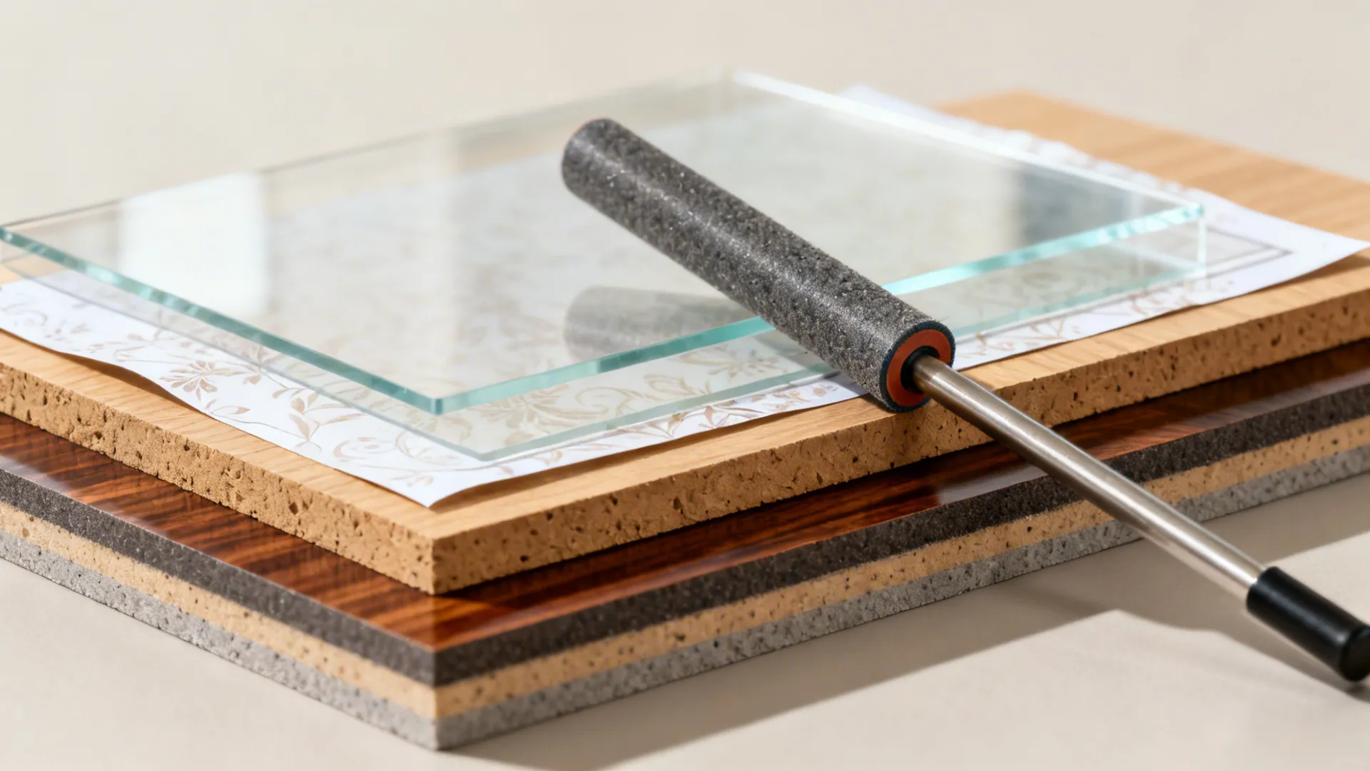 Stacked samples of wood laminate and glass sheets with a small hand roller on top