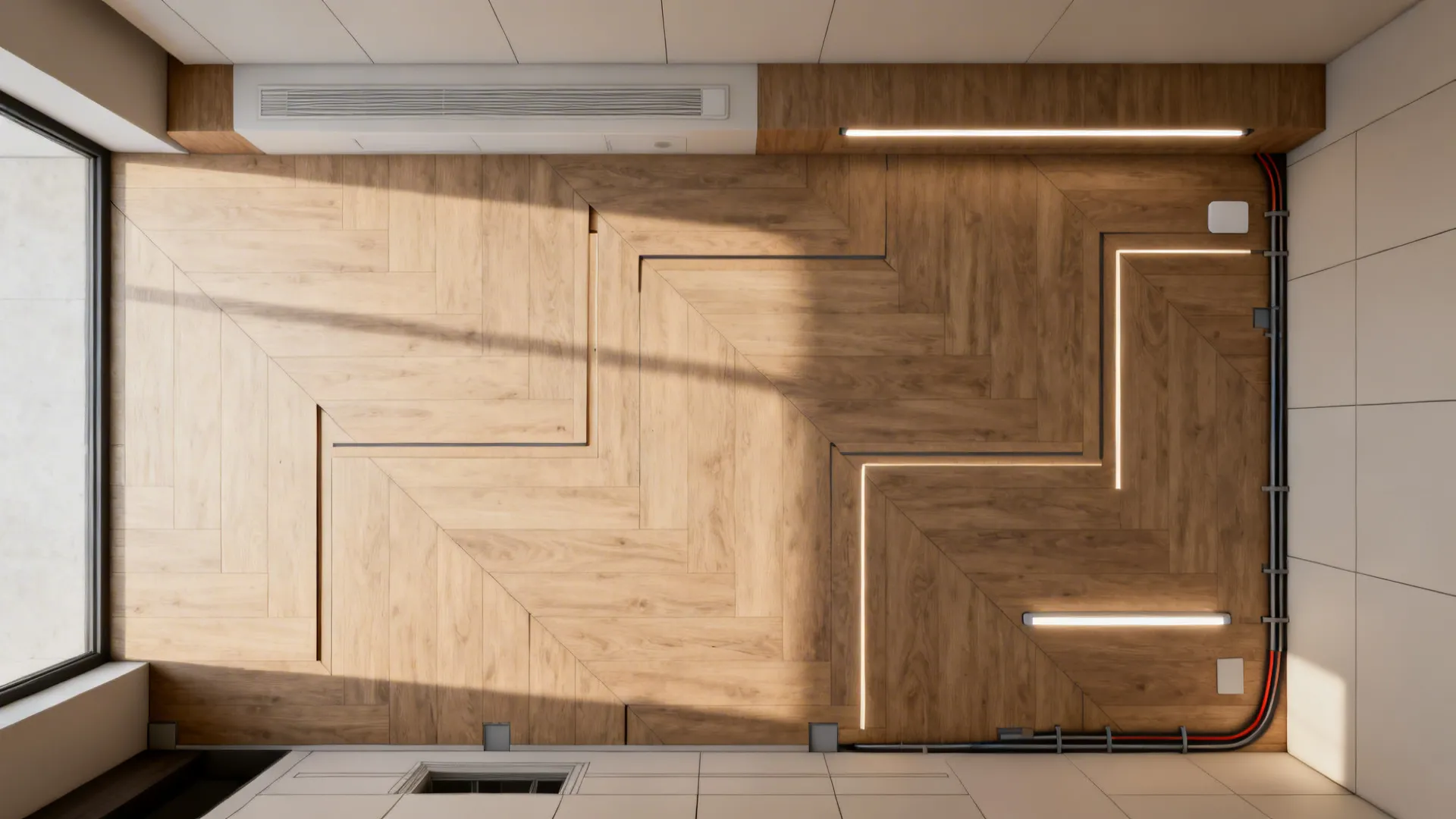 Top-down plan showing routed grooves, LED channels, and cable chase for a laminate panel wall.