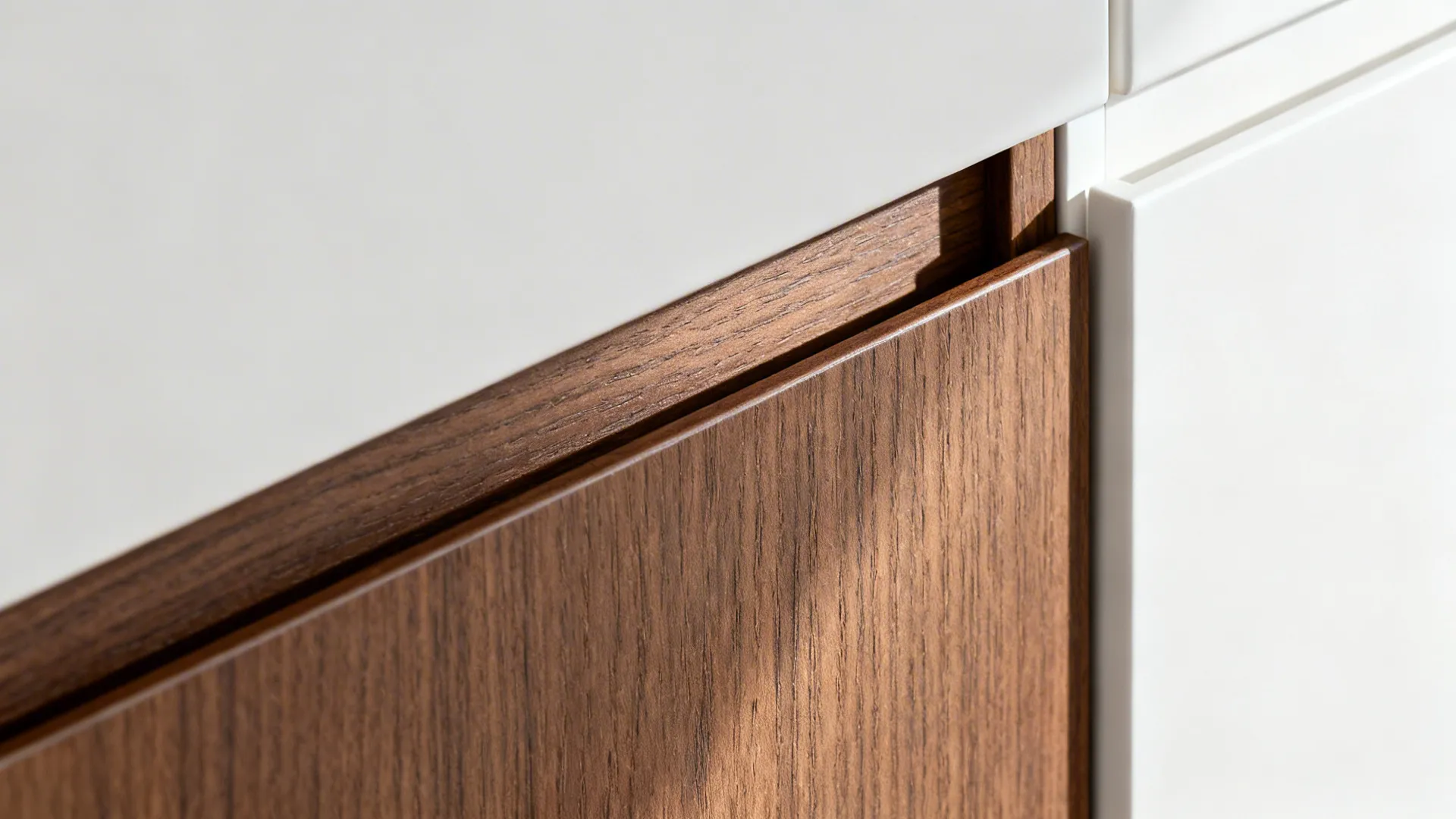 Macro of textured walnut laminate next to a matte white cabinet finish showing fine grain and edges.