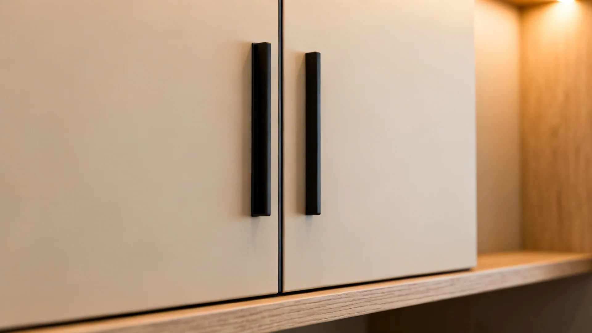 Macro of matte beige laminate wardrobe with slim pull and seamless edge.