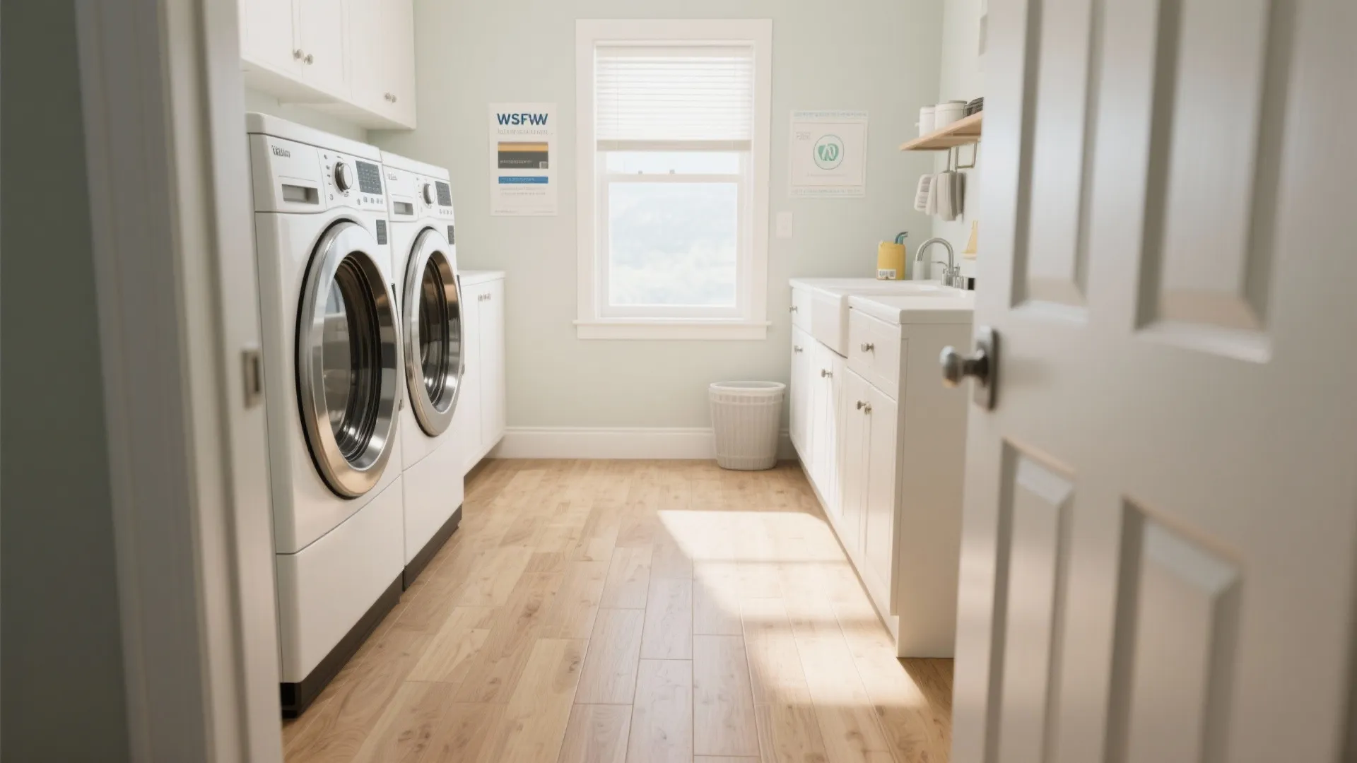 Modern laundry room with white washer dryer wood floor white cabinets sink and window light