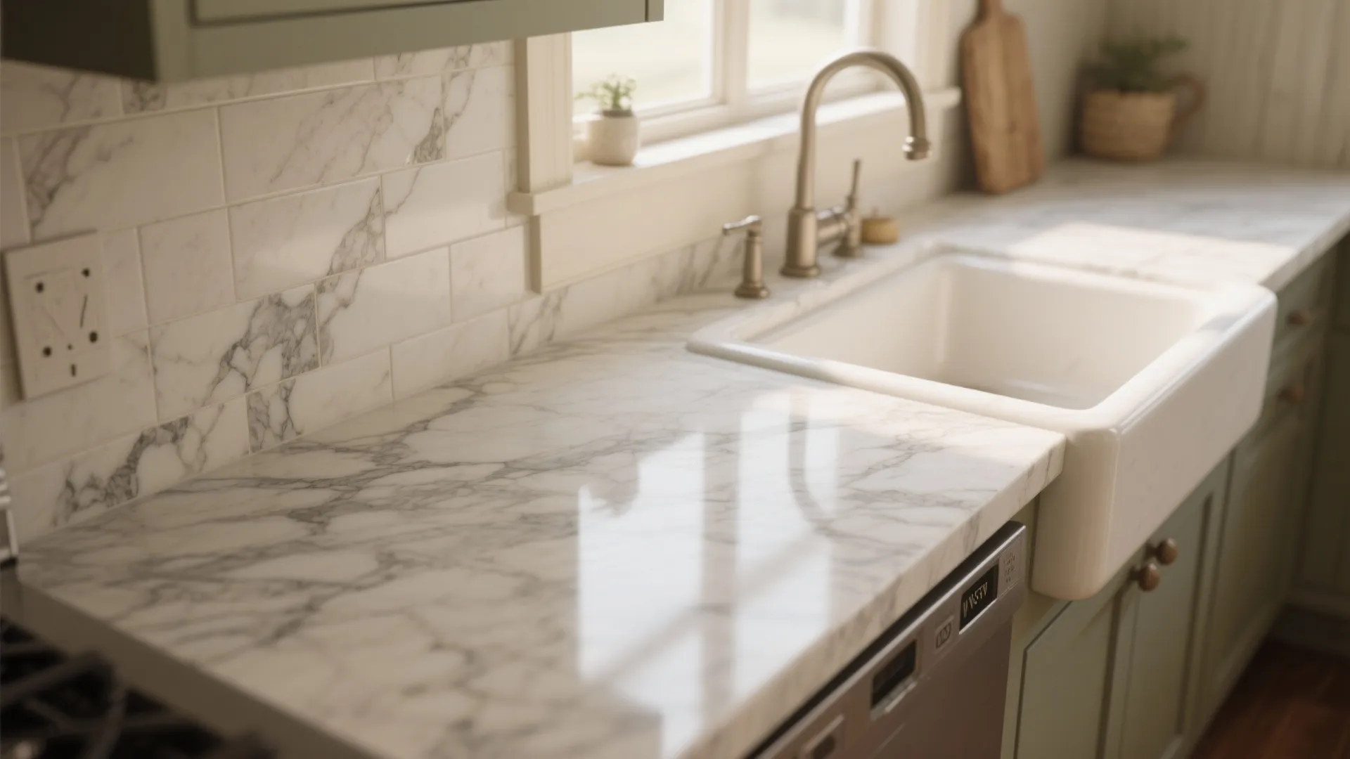 Modern kitchen with white marble look countertop, ceramic sink, silver water tap, and green cabinets