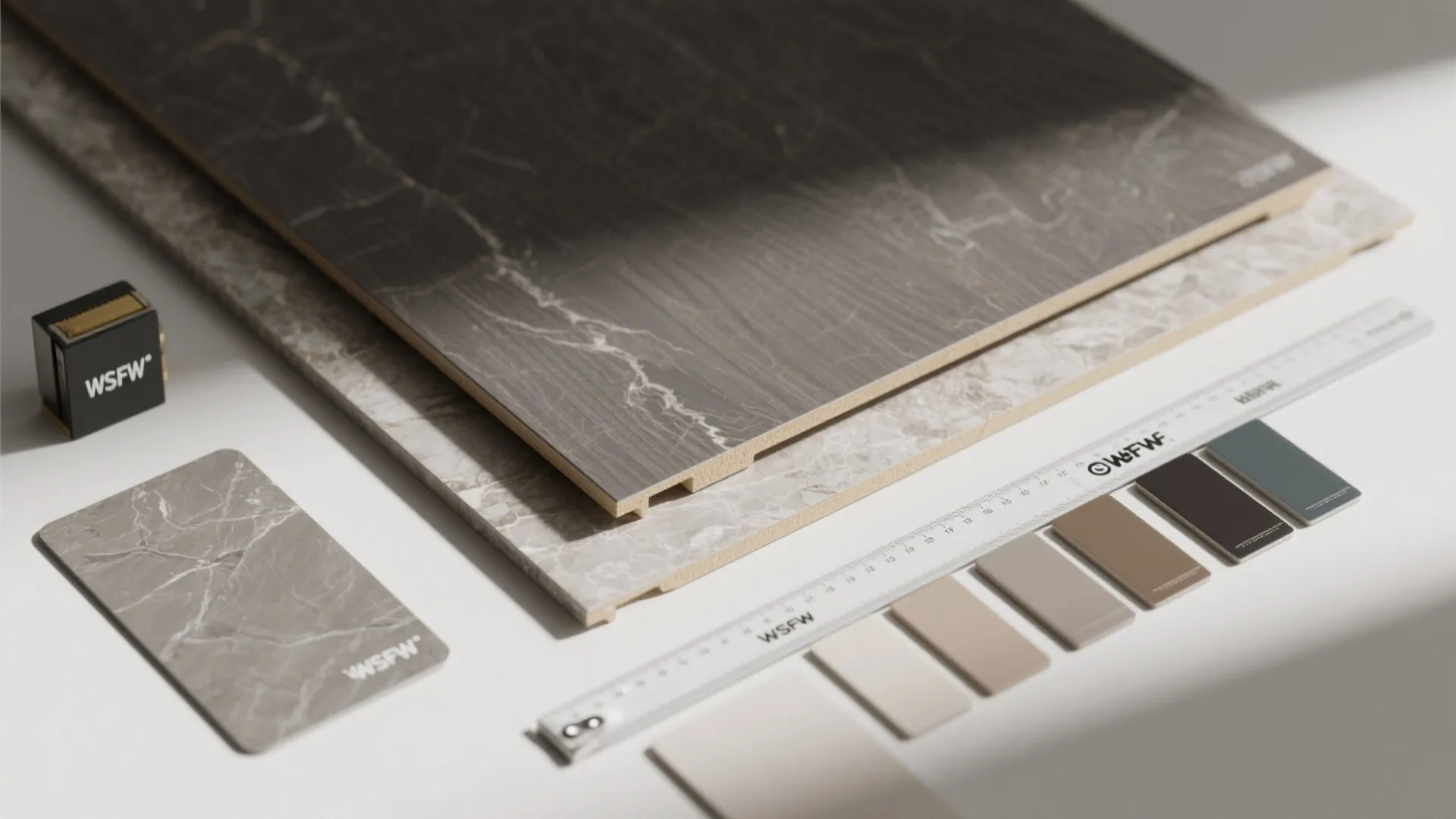 Stone and wood floor board samples arranged with a white ruler and small color tiles