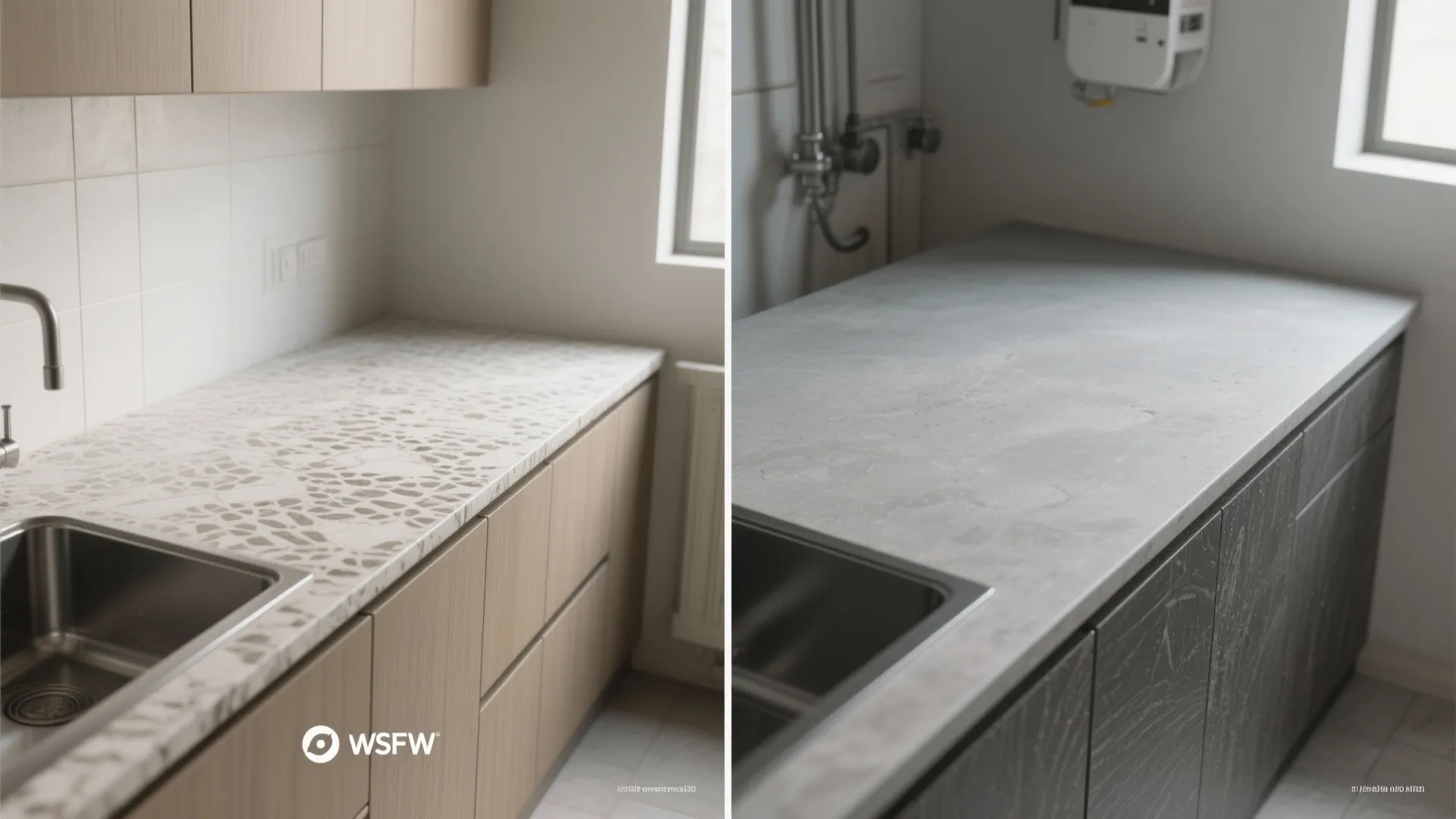 Before and after comparison of kitchen countertop showing pattern laminate next to smooth grey cement finish