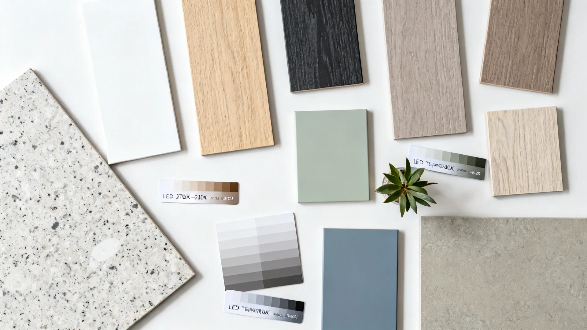 Top-down flat lay of laminate chips with countertop and flooring samples for color testing.