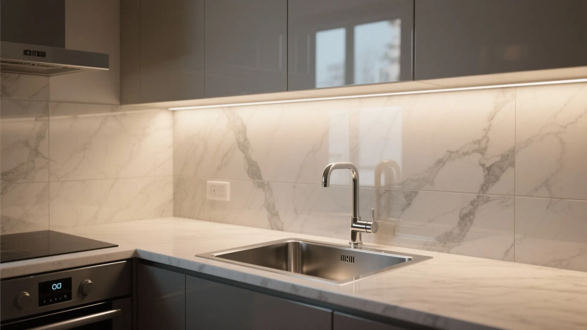 Modern kitchen with grey cabinets marble backsplash stainless steel sink and warm light under cabinets