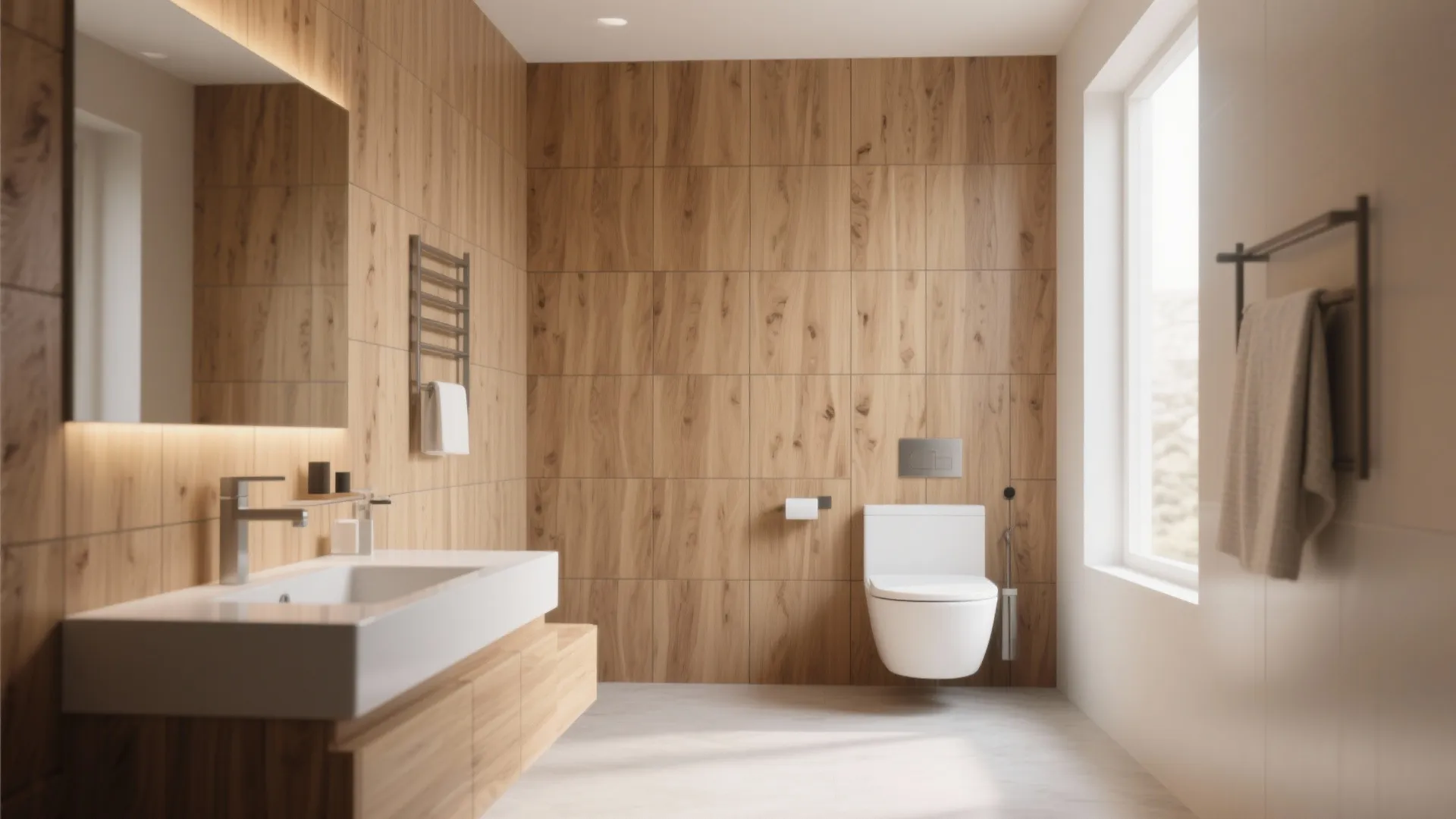 Bathroom interior with wooden wall panels white sink hanging toilet towel rack and large window