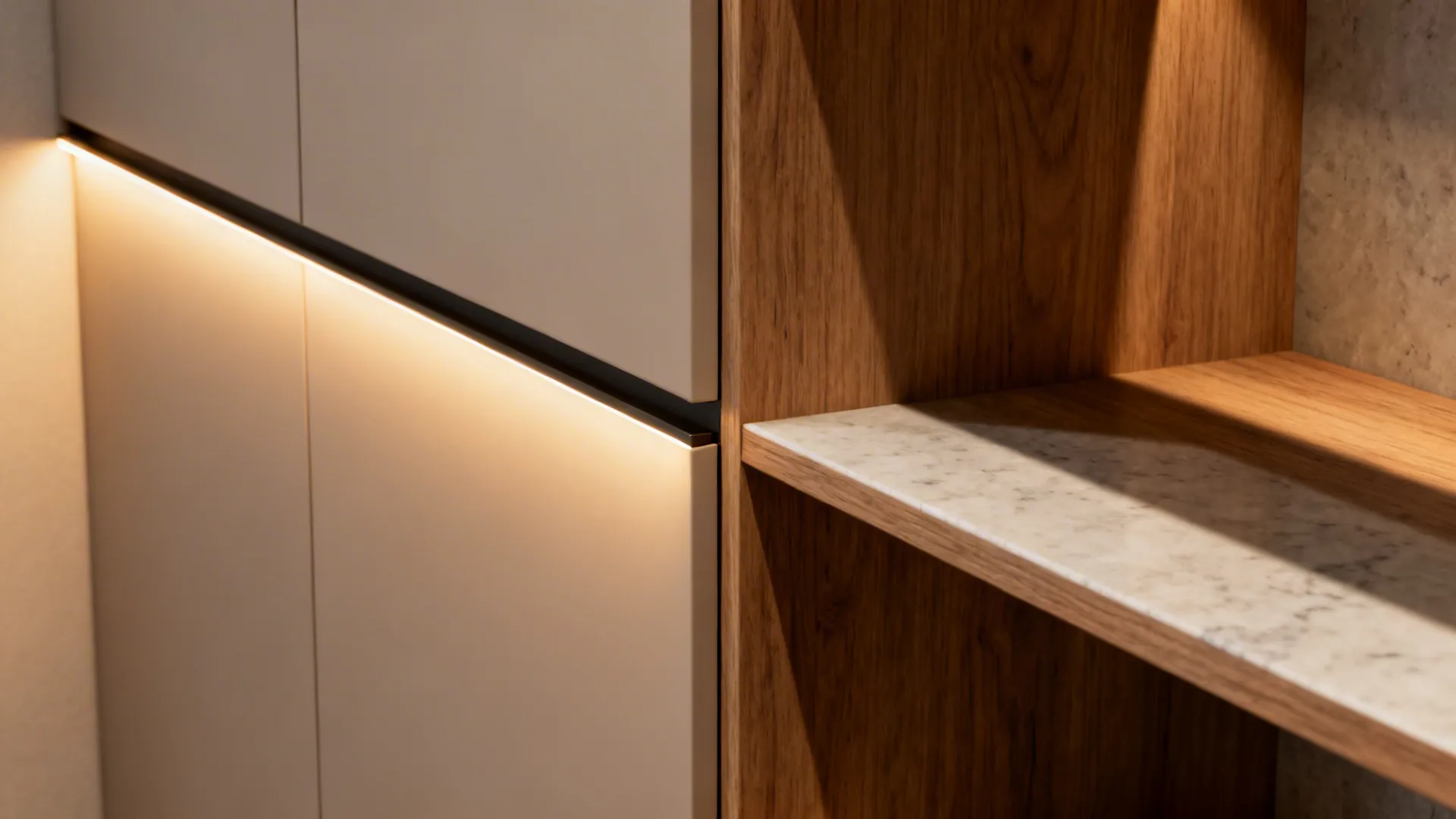 Macro of matte laminate door and quartz countertop with warm LED glow and oak shelf edge.