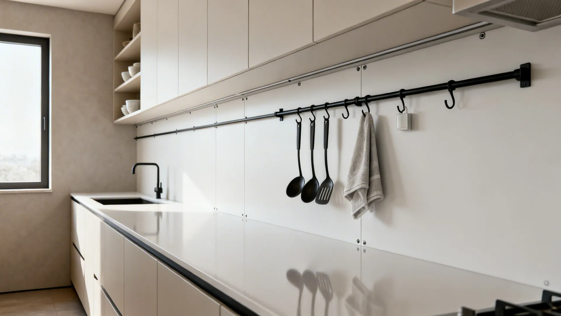 Matte white HPL backsplash with slim black utility rail organizing utensils in a tidy galley kitchen.