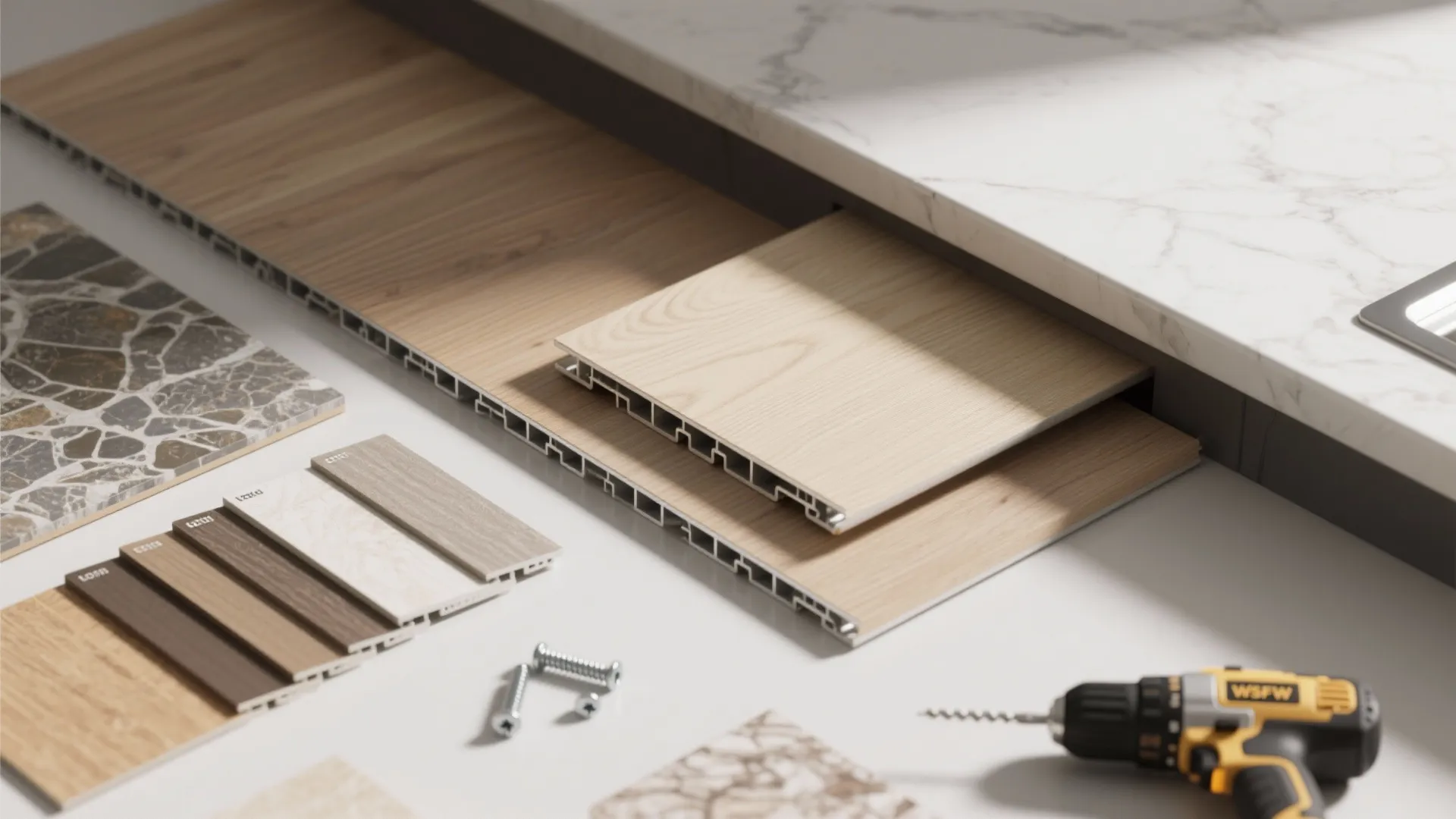 Wood floor panels and material samples on white surface with an electric drill and screws