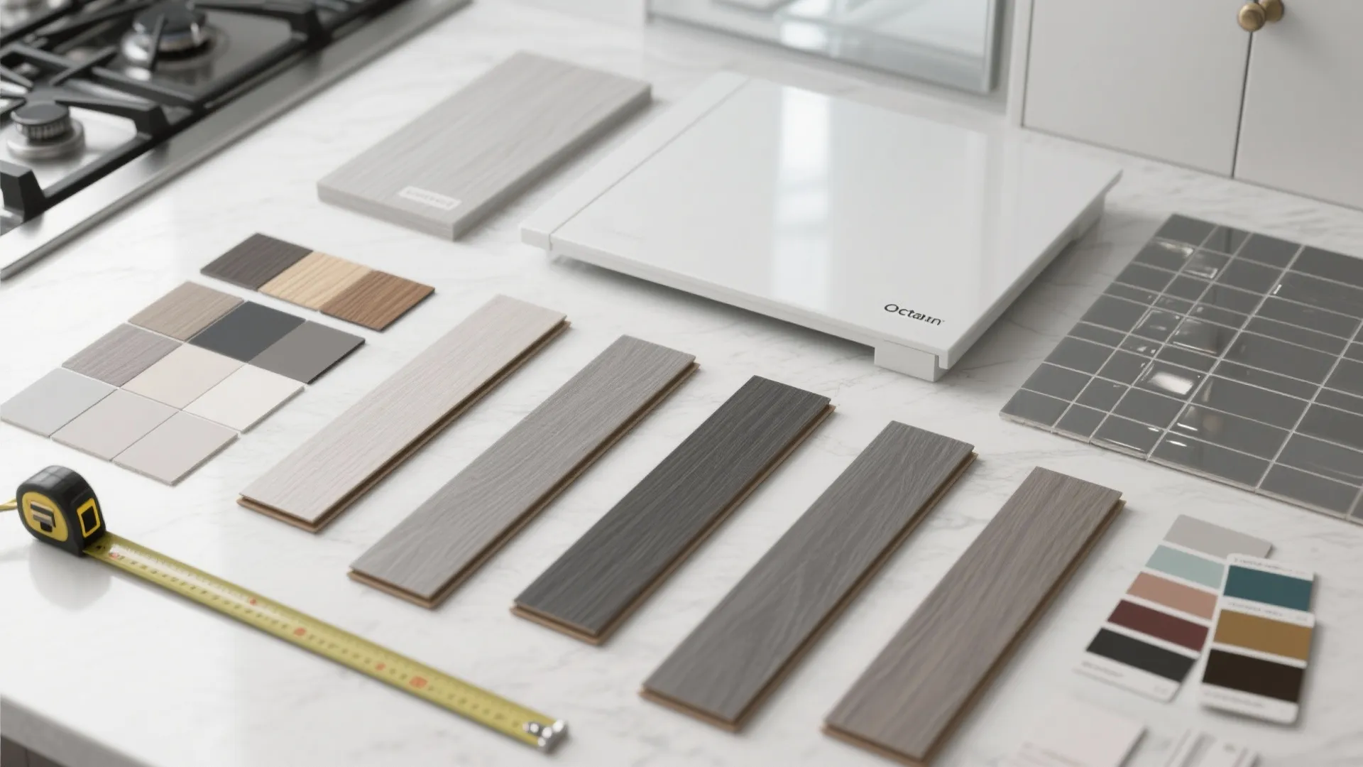 Interior design materials flatlay with wood flooring samples color tiles measuring tape and paint swatches