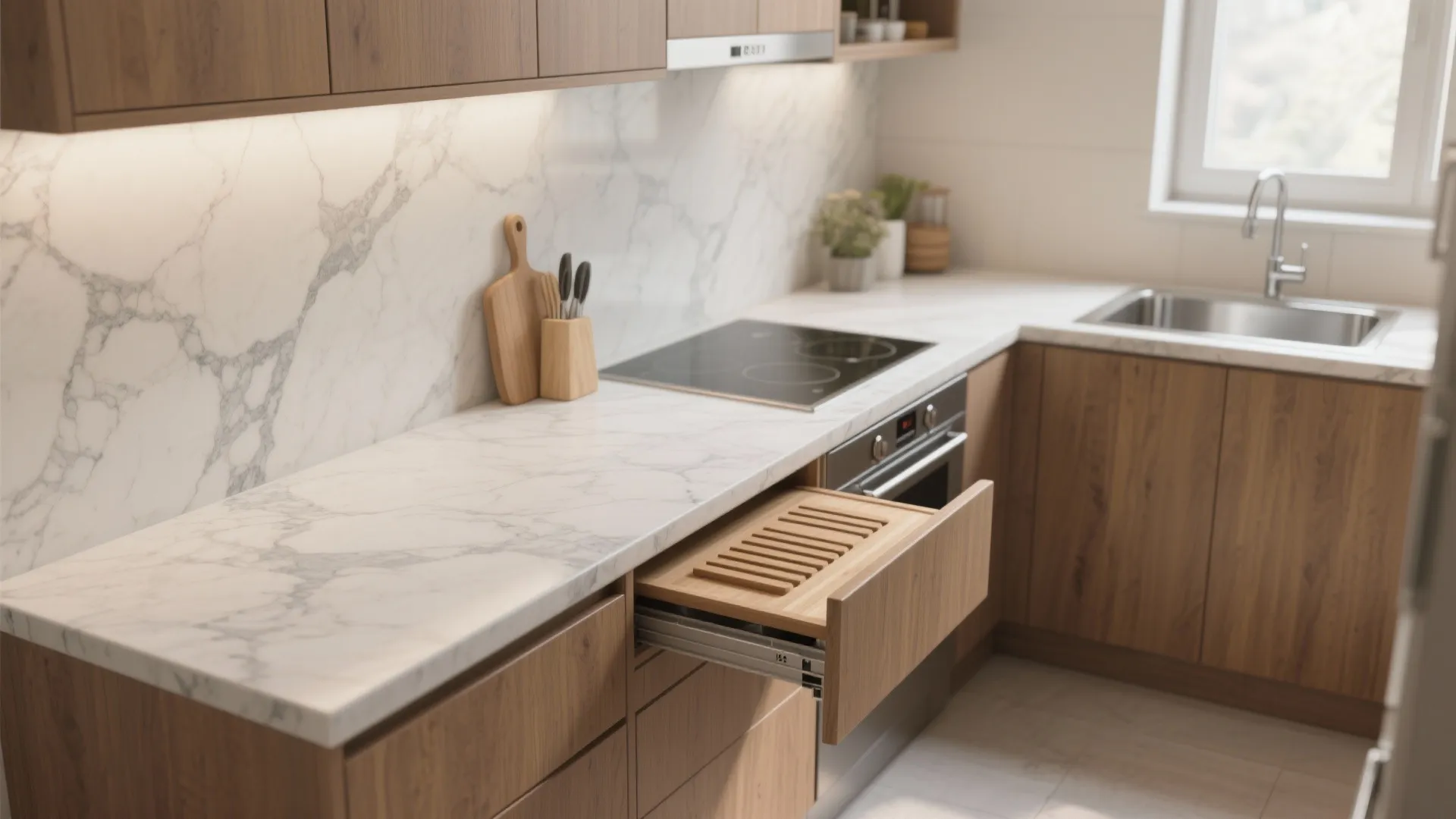 Kitchen interior with white marble countertop wooden cabinets open drawer and a black stove top