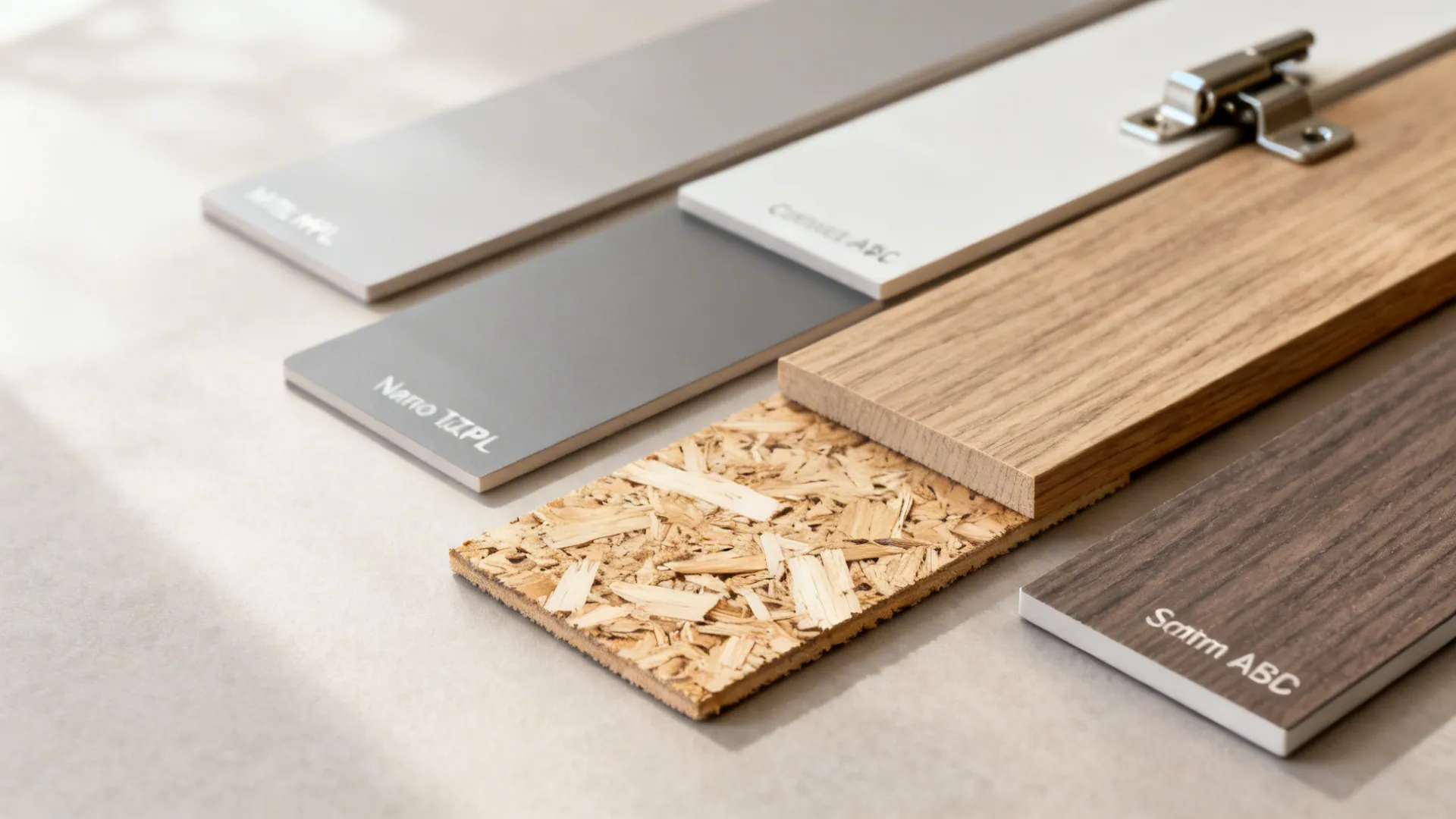 Material samples showing various wood textures grey panels and metal door hinge for interior design project