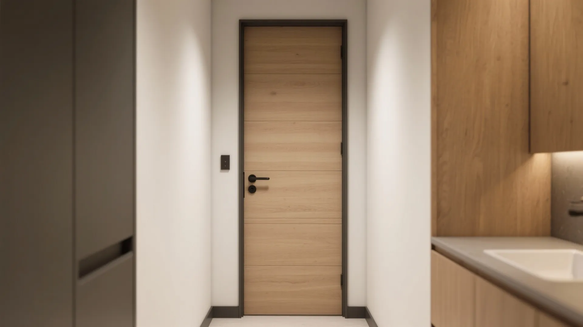Modern wooden door with black handle in white hallway near a light wood storage cabinet