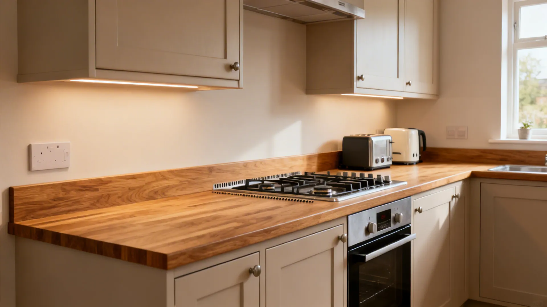 UK kitchen with wood-look laminate upstand and matching splashback panel for a cohesive budget design.