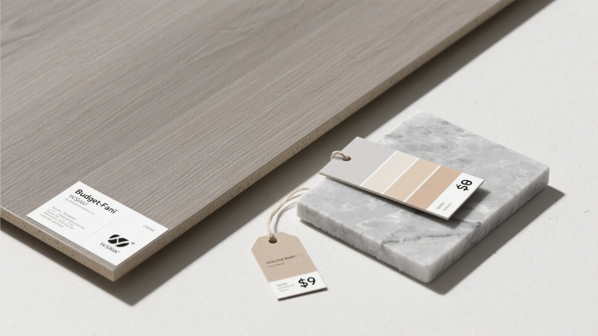 Comparison flatlay of laminate and quartz samples for budget kitchen choices.